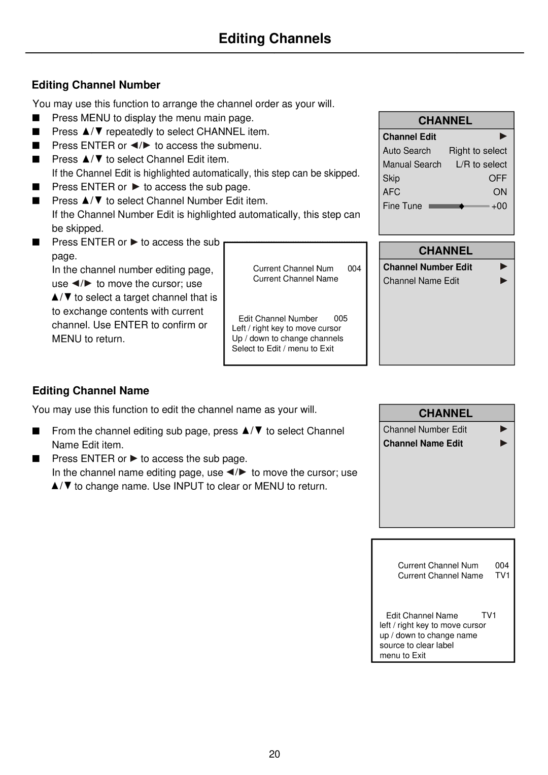 Palsonic PDP4275 owner manual Editing Channels, Editing Channel Number, Editing Channel Name 