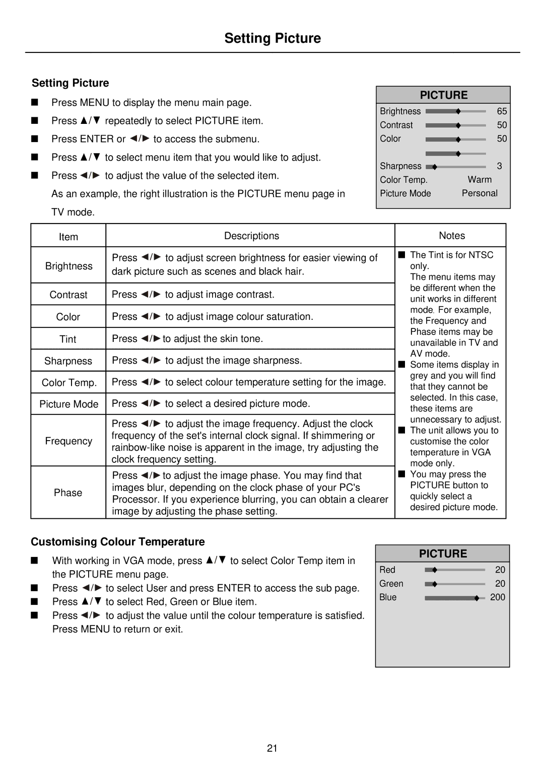 Palsonic PDP4275 owner manual Setting Picture, Customising Colour Temperature 