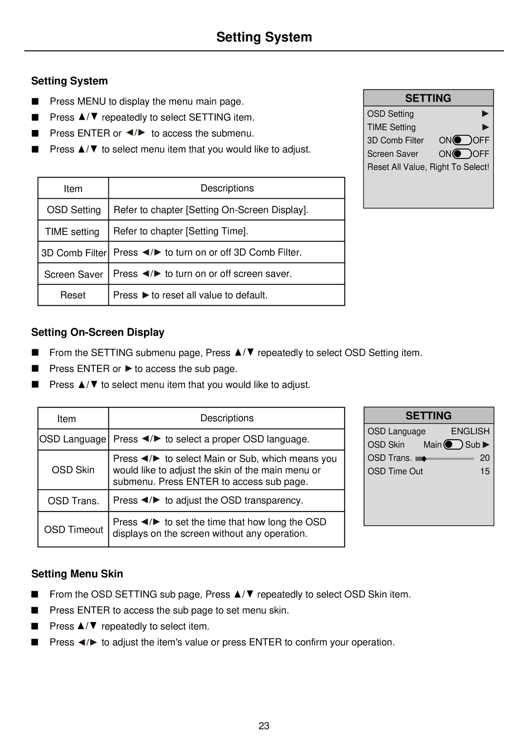 Palsonic PDP4275 owner manual Setting System, Setting On-Screen Display, Setting Menu Skin 