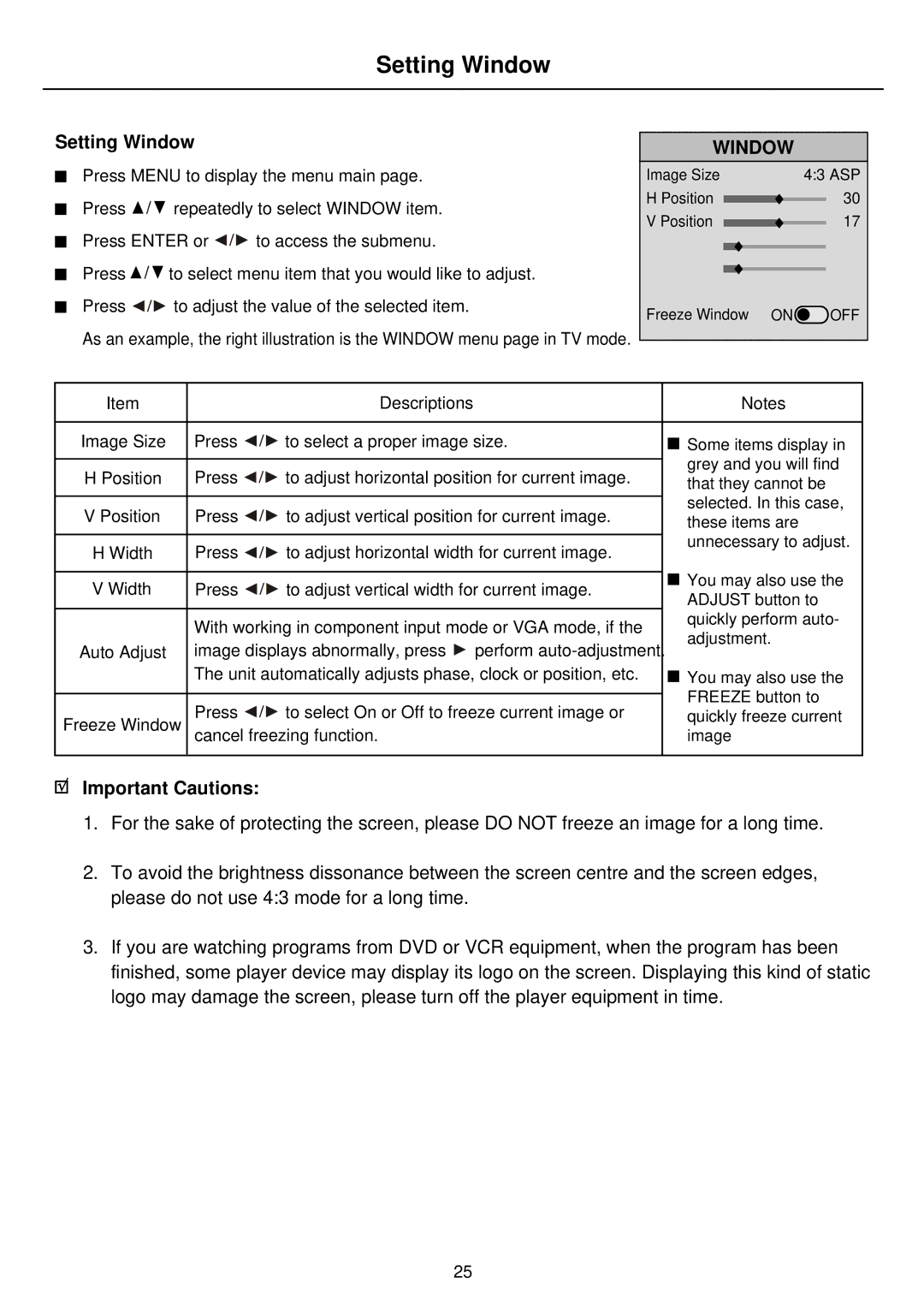 Palsonic PDP4275 owner manual Setting Window, Important Cautions 