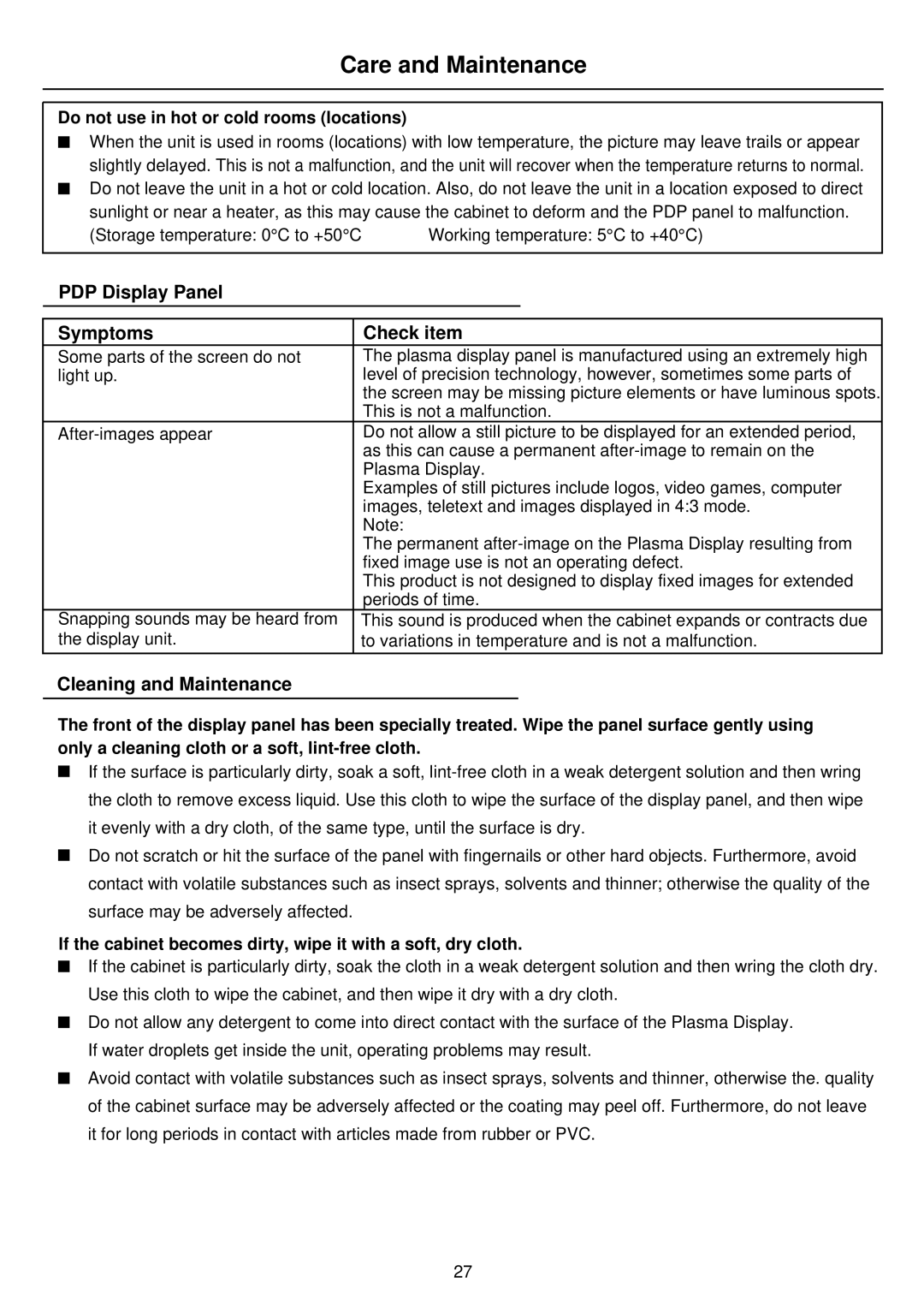 Palsonic PDP4275 owner manual Care and Maintenance, PDP Display Panel Symptoms Check item, Cleaning and Maintenance 