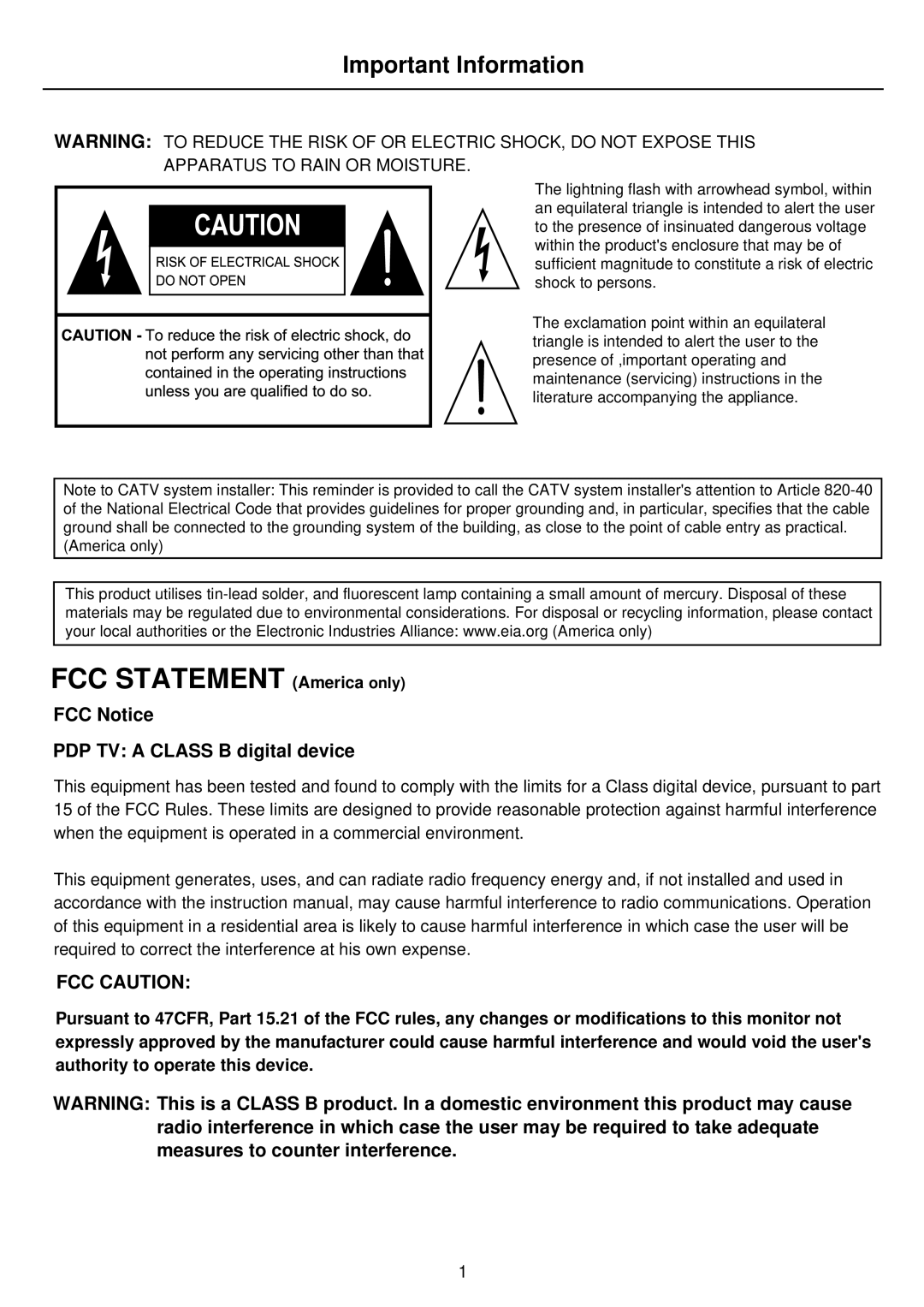 Palsonic PDP4275 owner manual Important Information, FCC Notice PDP TV a Class B digital device, FCC Caution 