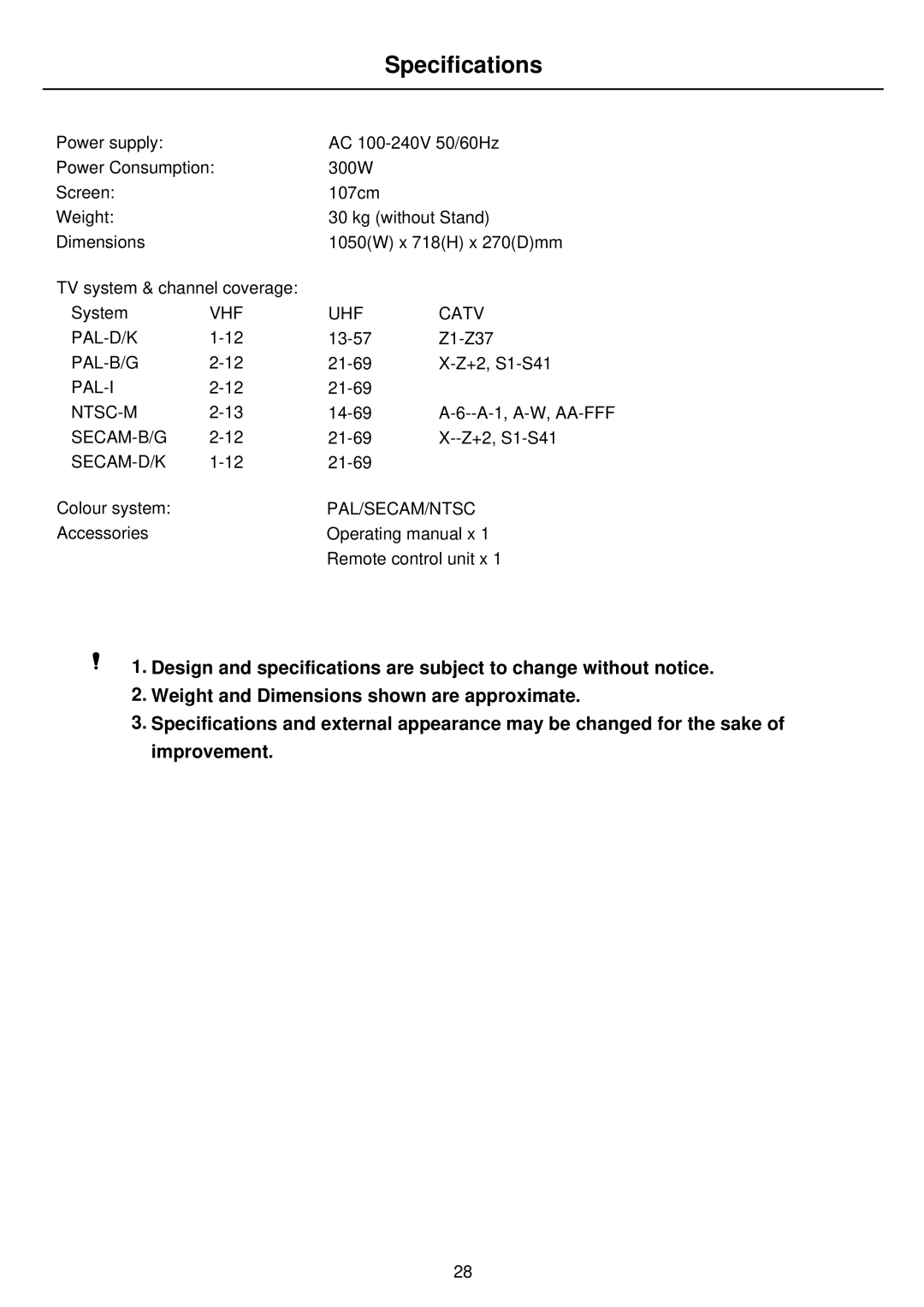 Palsonic PDP4275 owner manual Specifications 