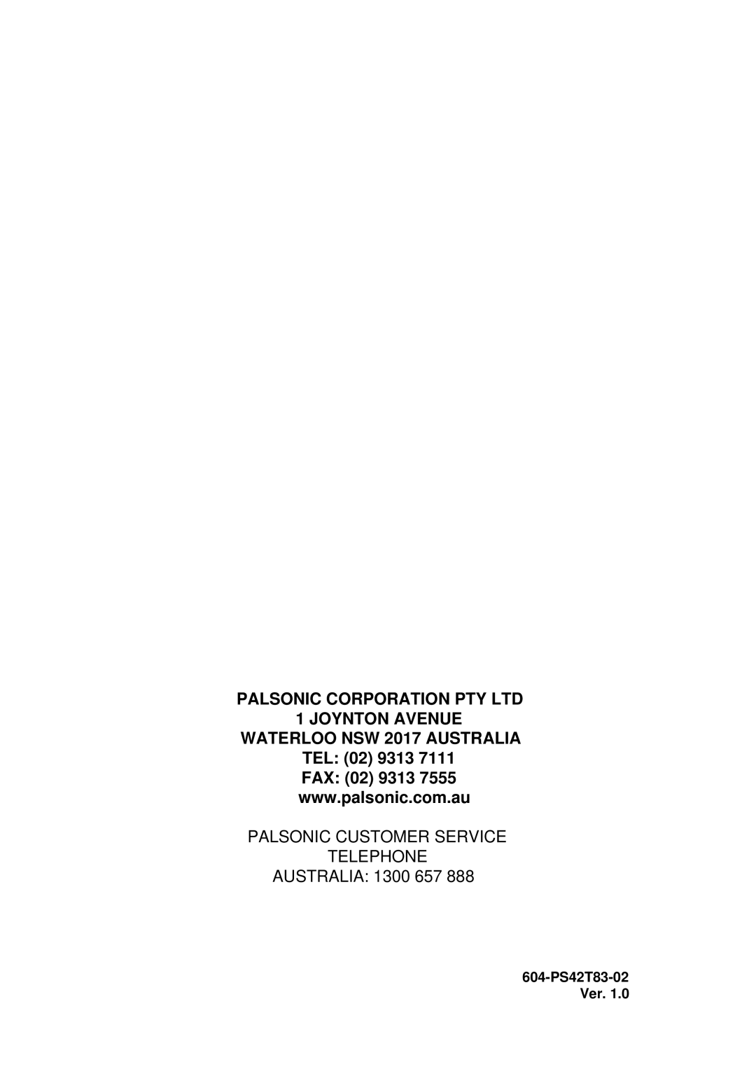 Palsonic PDP4275 owner manual Palsonic Customer Service Telephone 