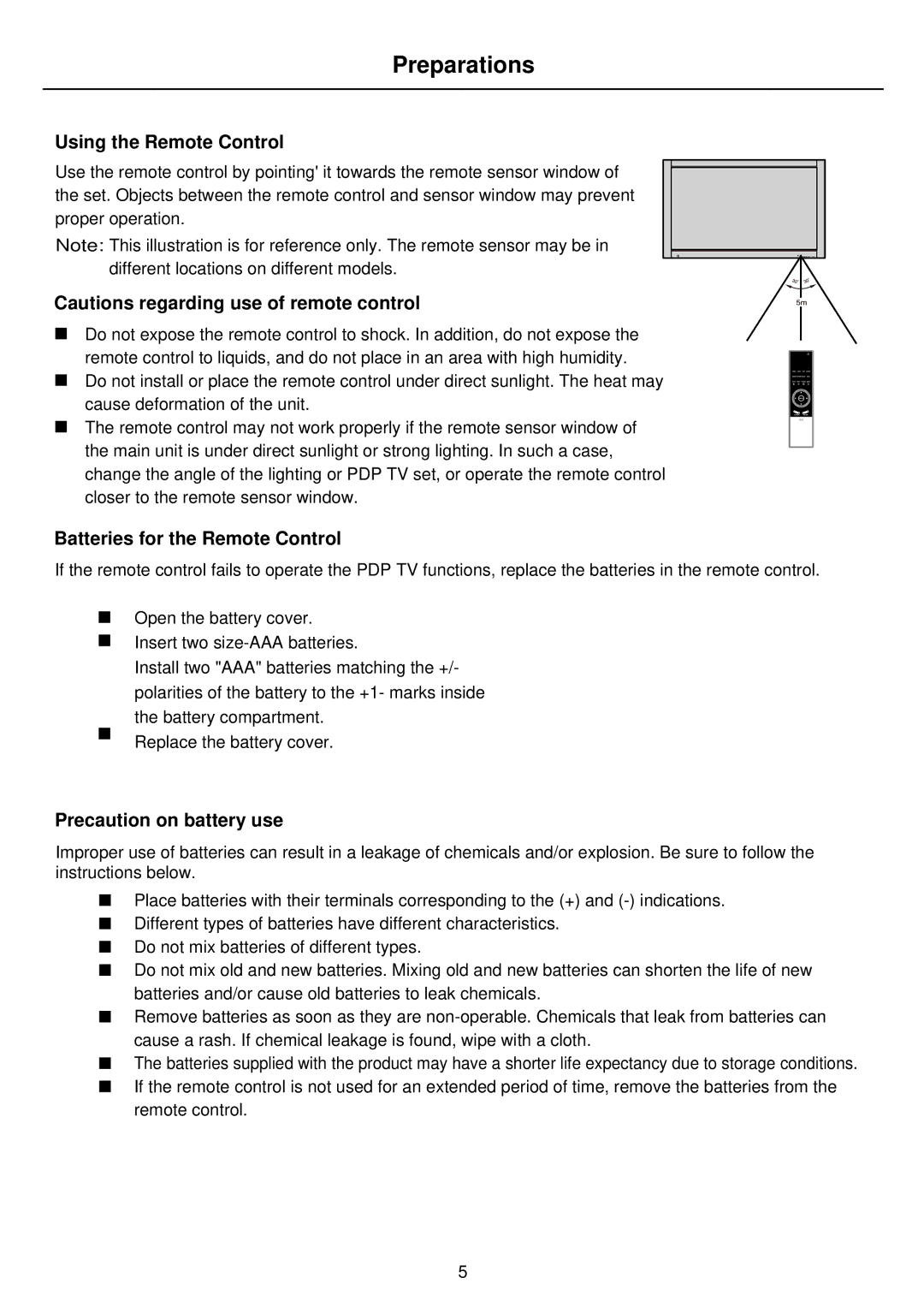 Palsonic PDP4275 Preparations, Using the Remote Control, Batteries for the Remote Control, Precaution on battery use 