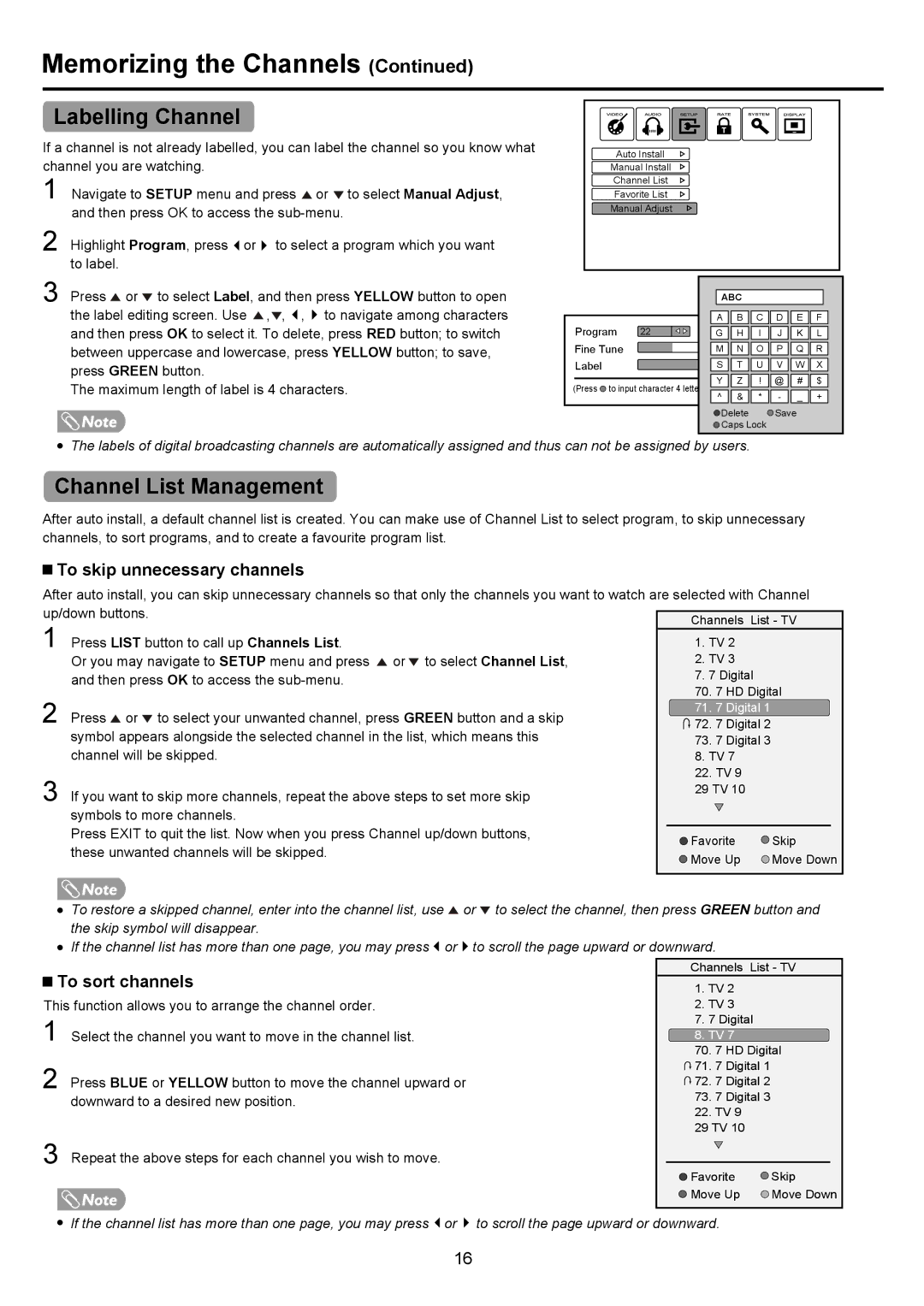 Palsonic PDP4290HD owner manual Labelling Channel, Channel List Management, To skip unnecessary channels, To sort channels 