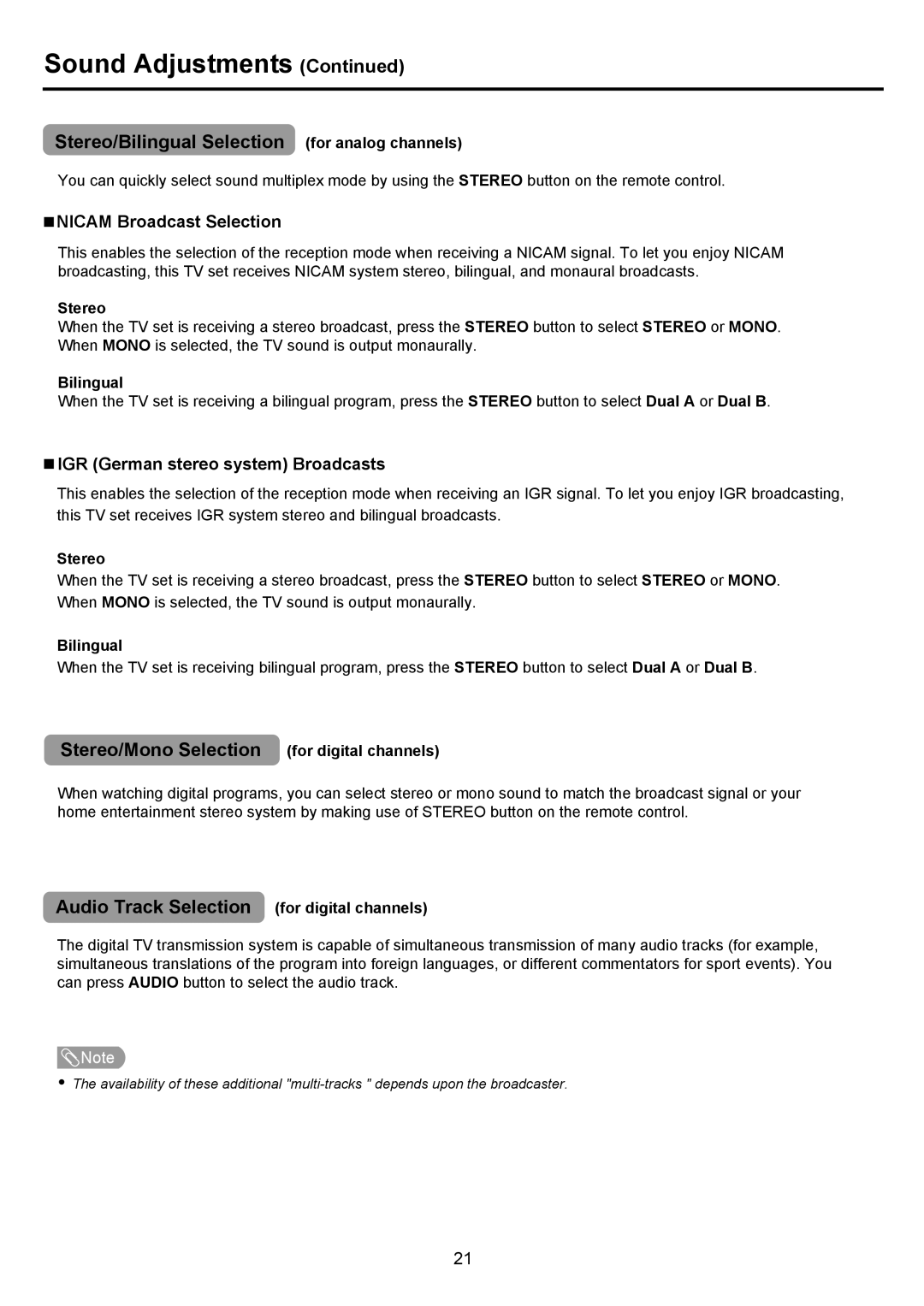 Palsonic PDP4290HD owner manual Nicam Broadcast Selection, IGR German stereo system Broadcasts, Stereo, Bilingual 