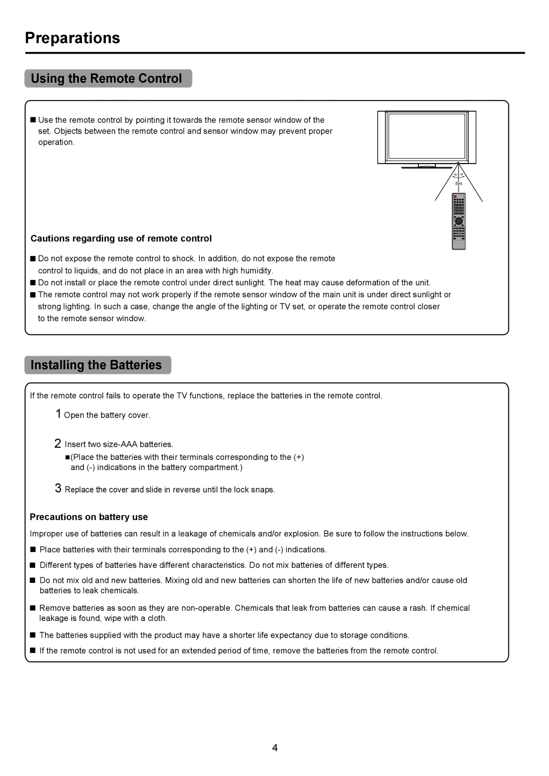 Palsonic PDP4290HD owner manual Preparations, Precautions on battery use 