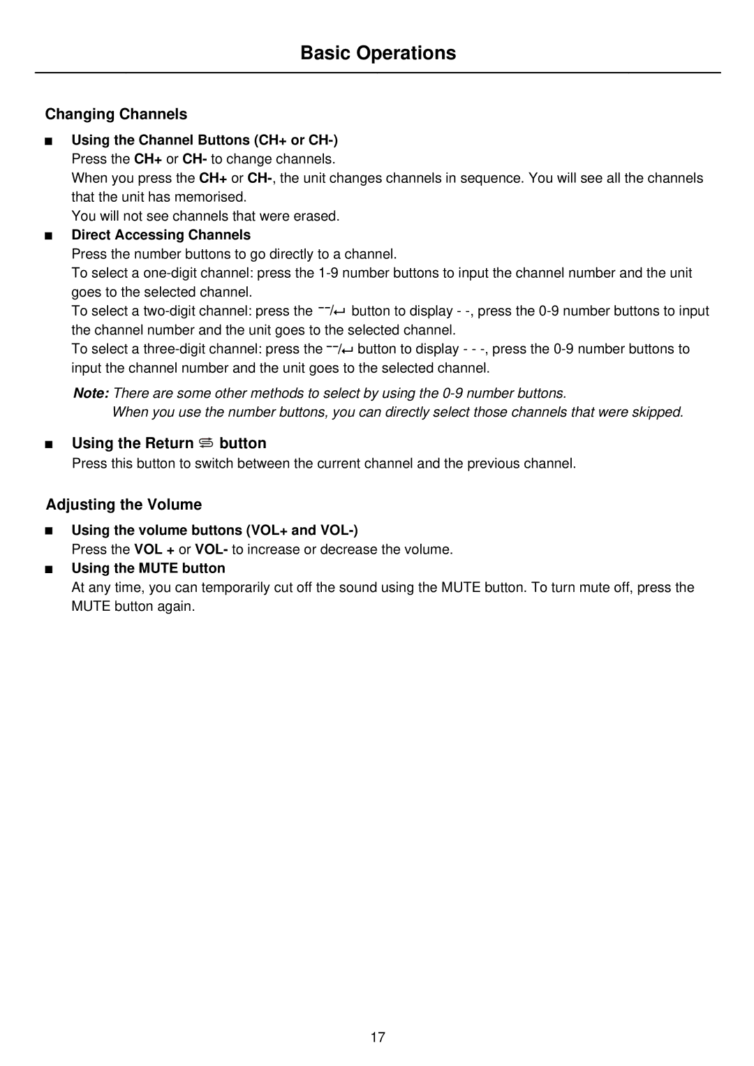 Palsonic PDP5010 owner manual Changing Channels, Using the Return button, Adjusting the Volume 