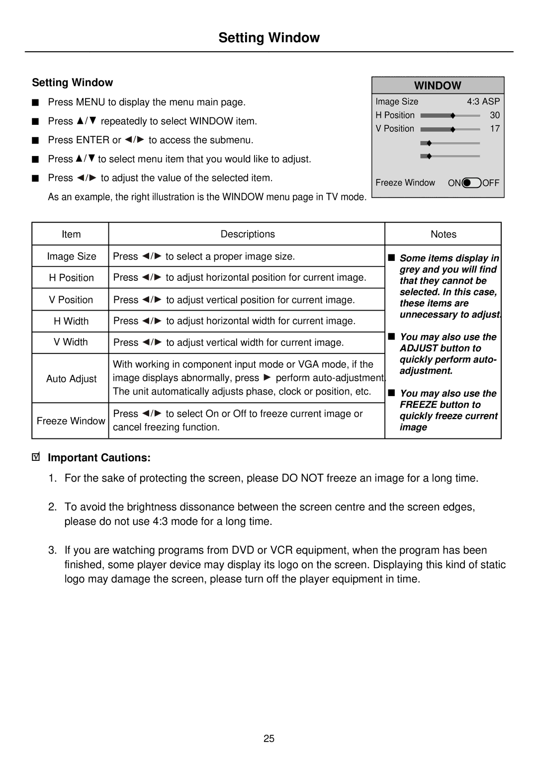 Palsonic PDP5010 owner manual Setting Window, Important Cautions 