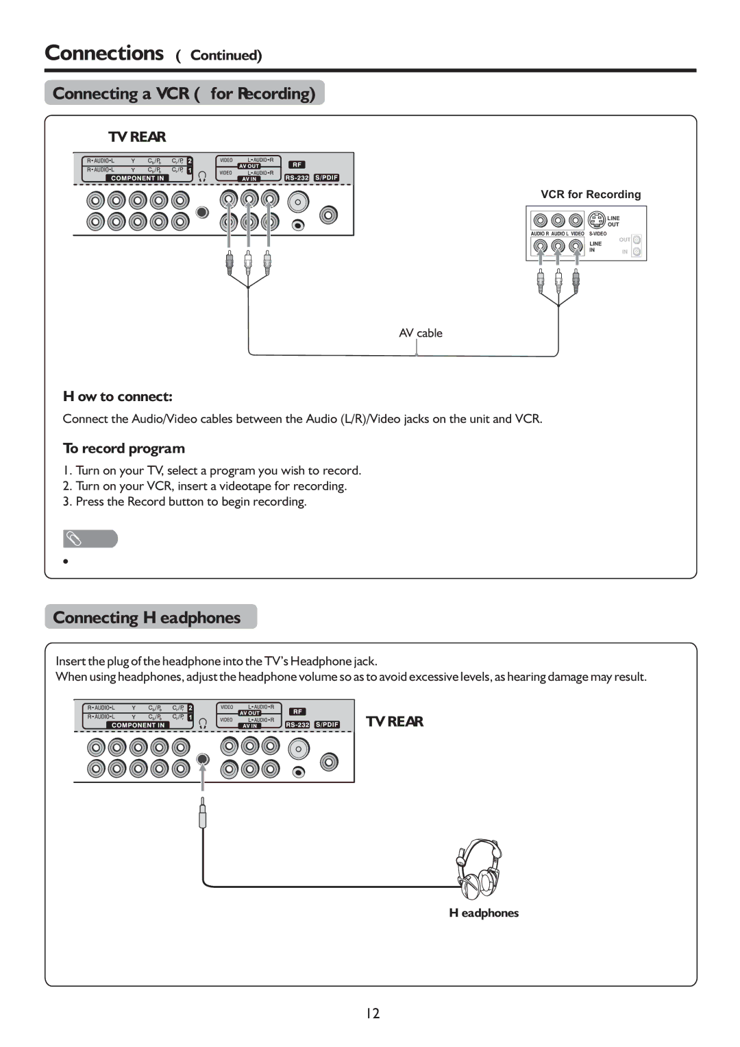 Palsonic PDP5055HD owner manual Connecting a VCR for Recording, Connecting Headphones, To record program 