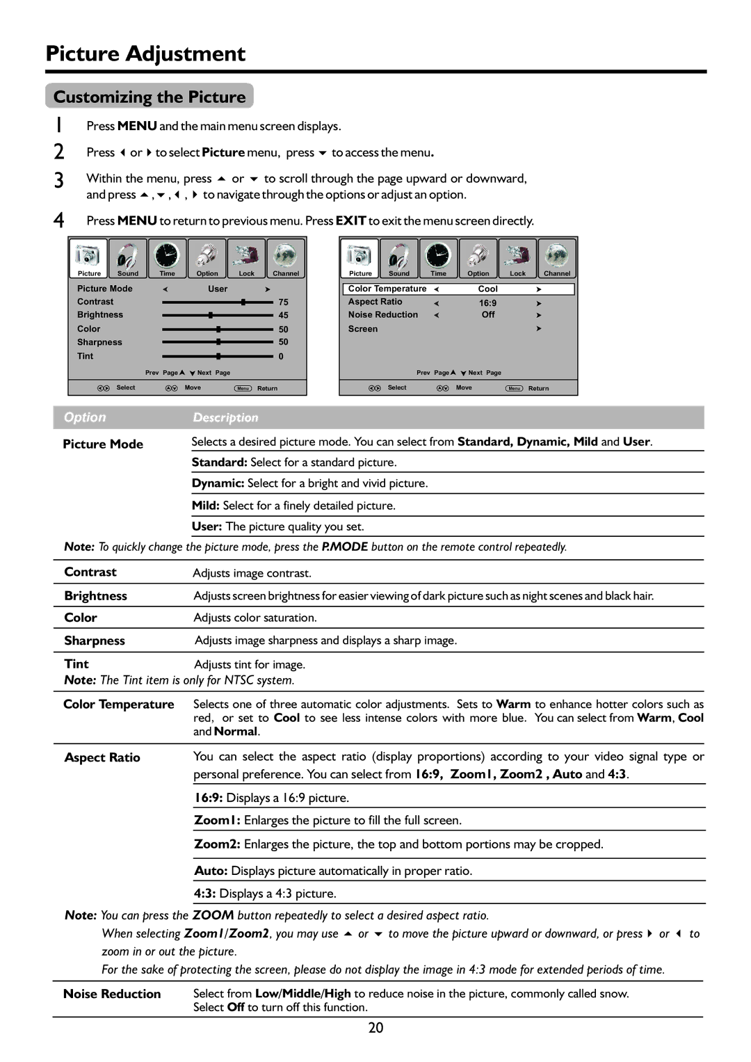 Palsonic PDP5055HD owner manual Picture Adjustment, Customizing the Picture 