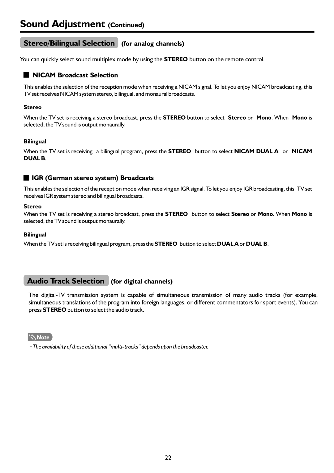 Palsonic PDP5055HD owner manual Stereo/Bilingual Selection for analog channels, Audio Track Selection for digital channels 