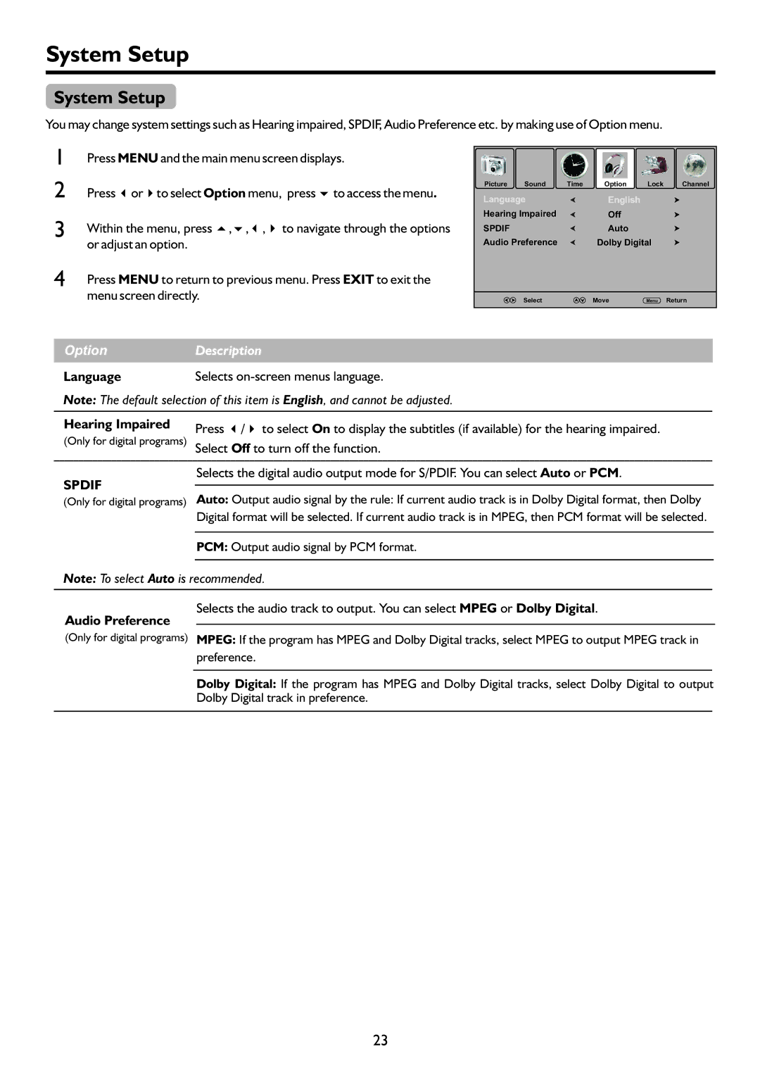 Palsonic PDP5055HD owner manual System Setup, Language, Hearing Impaired, Audio Preference 