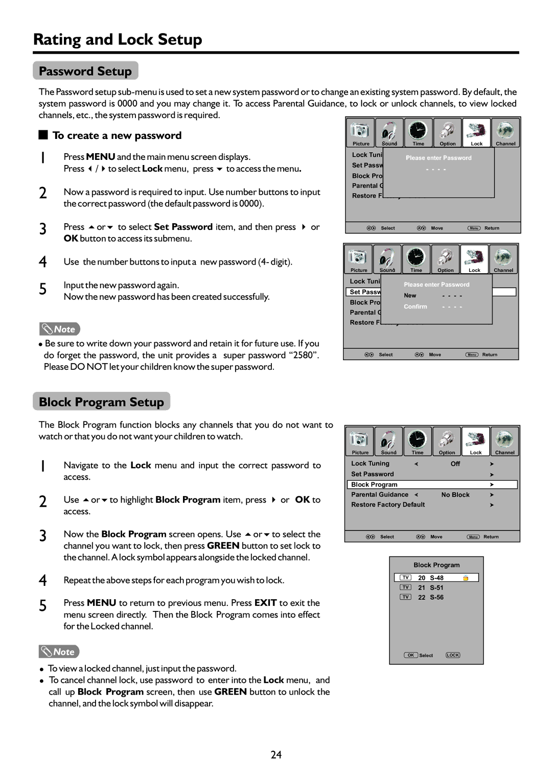 Palsonic PDP5055HD owner manual Rating and Lock Setup, Password Setup, Block Program Setup, To create a new password 