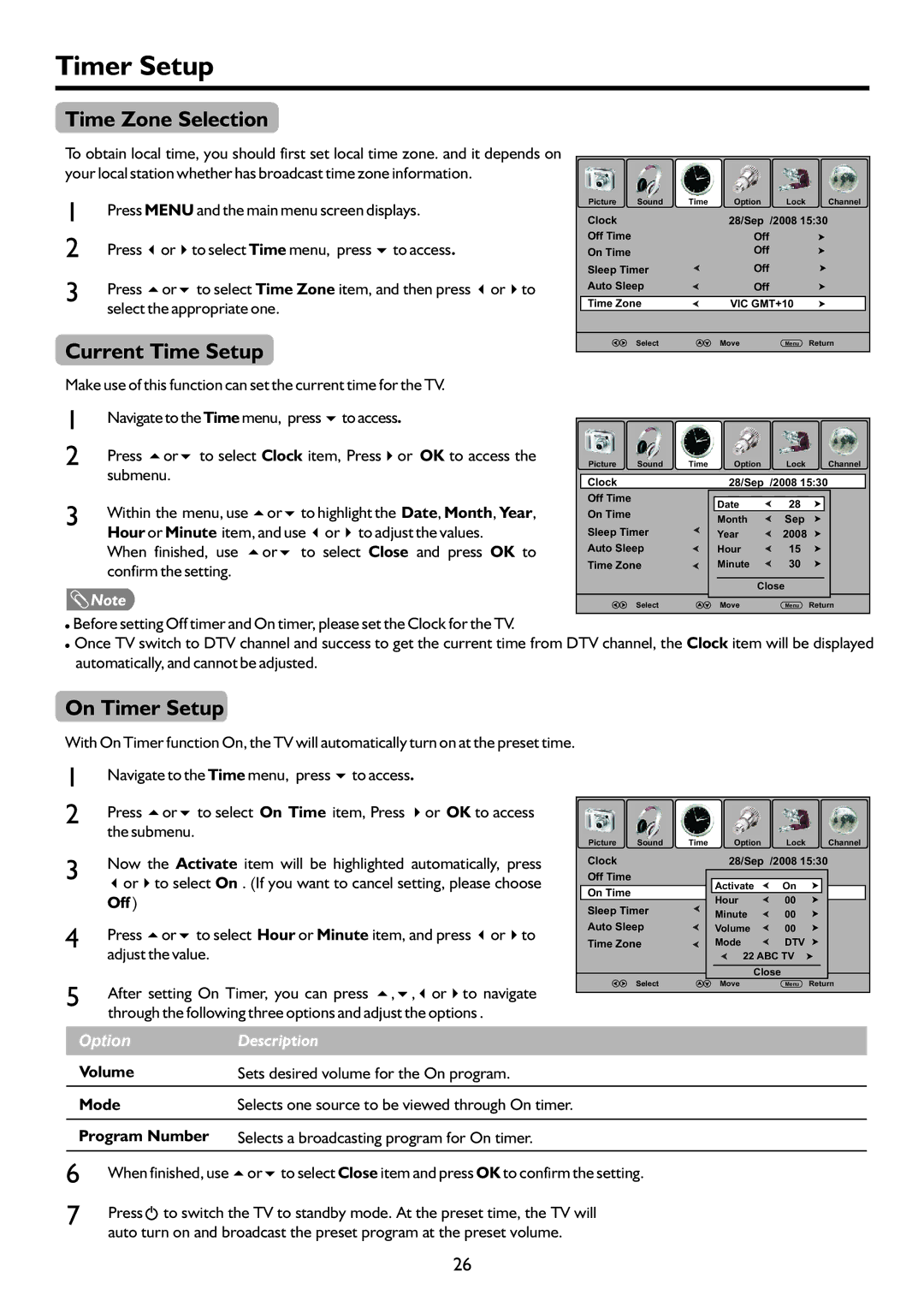 Palsonic PDP5055HD owner manual Time Zone Selection, Current Time Setup, On Timer Setup 