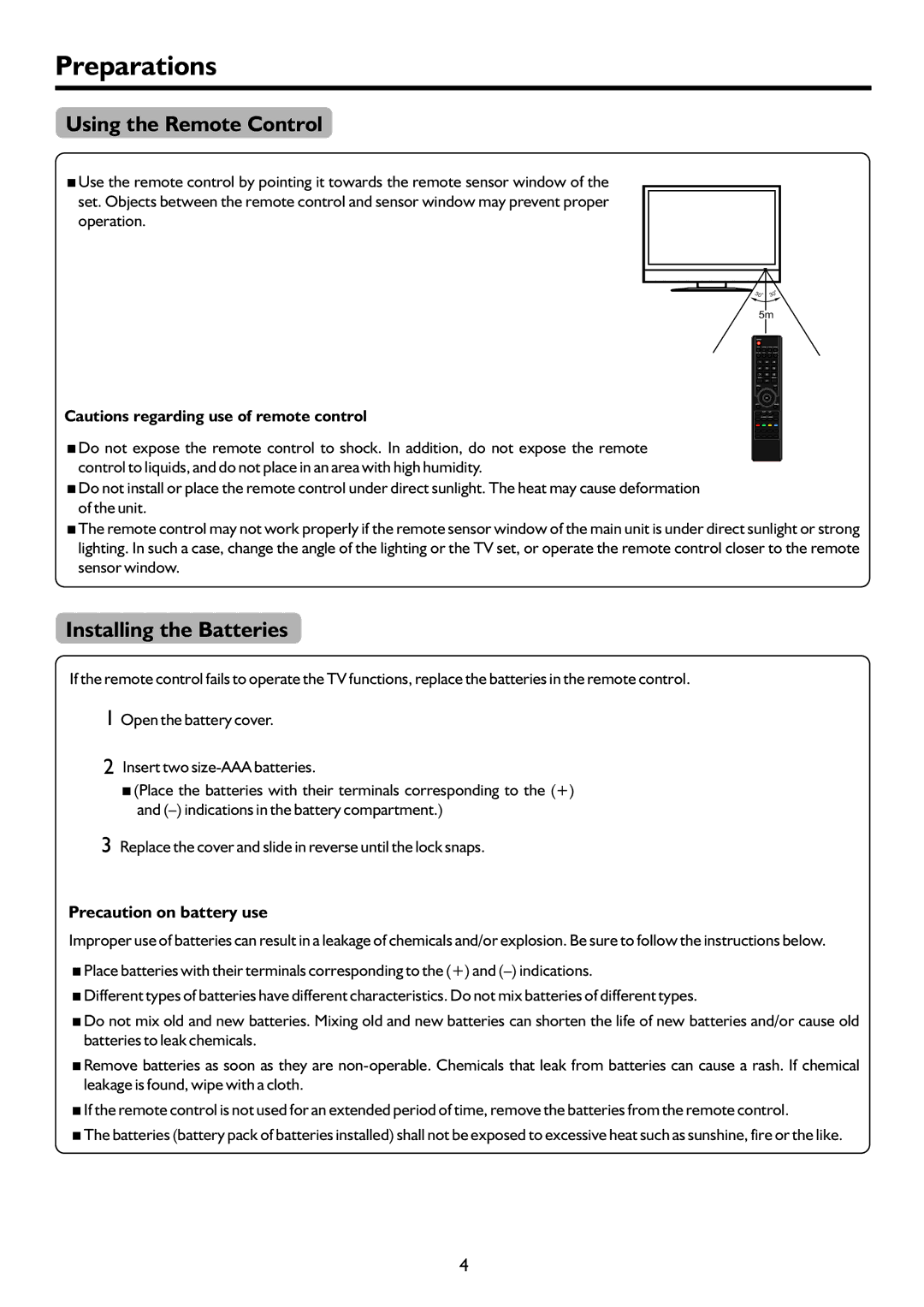 Palsonic PDP5055HD owner manual Preparations, Using the Remote Control, Installing the Batteries 