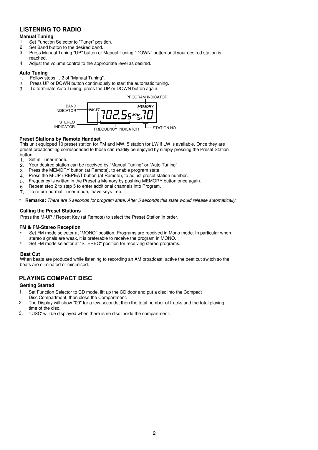 Palsonic PMC-191 instruction manual Listening to Radio, Playing Compact Disc 