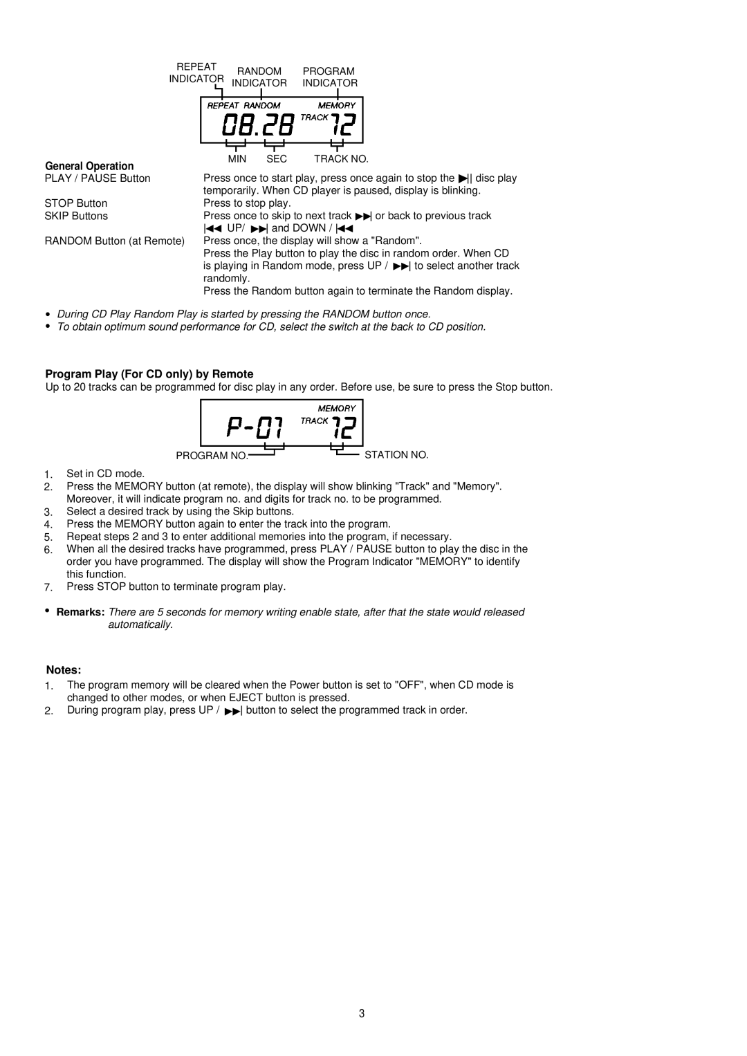 Palsonic PMC-191 instruction manual General Operation, Program Play For CD only by Remote, Automatically 