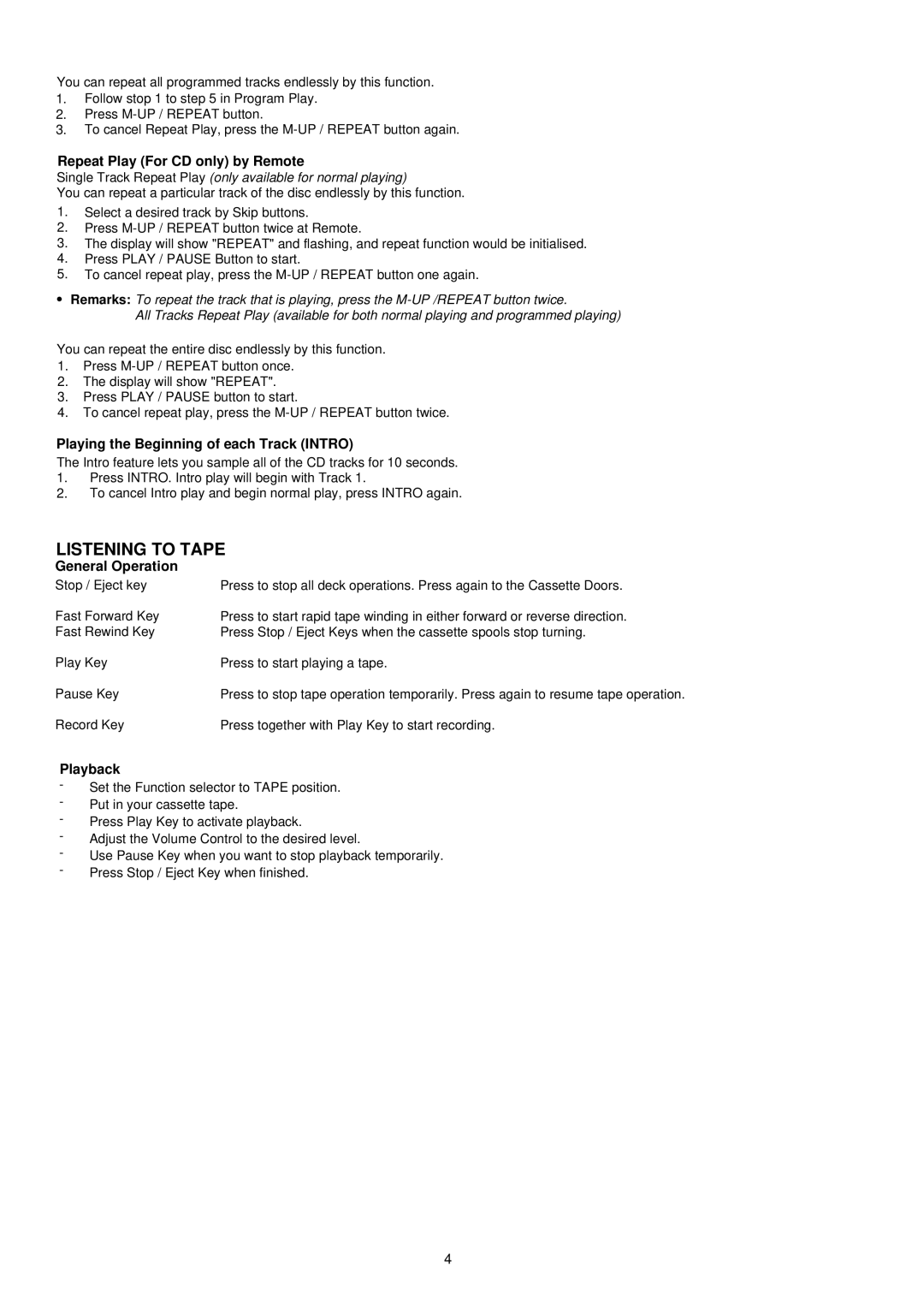 Palsonic PMC-191 Listening to Tape, Repeat Play For CD only by Remote, Playing the Beginning of each Track Intro, Playback 