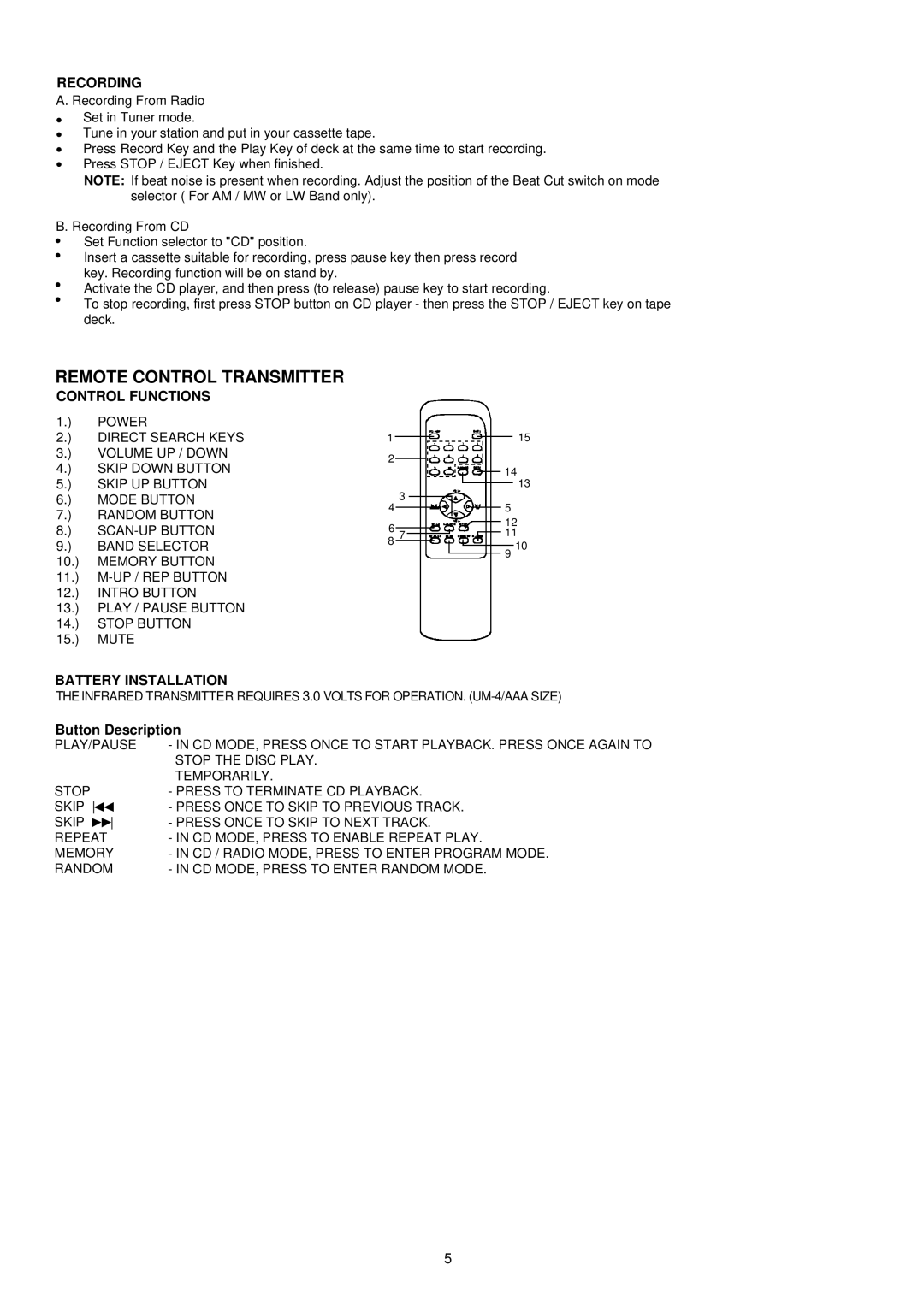 Palsonic PMC-191 instruction manual Remote Control Transmitter, Button Description 