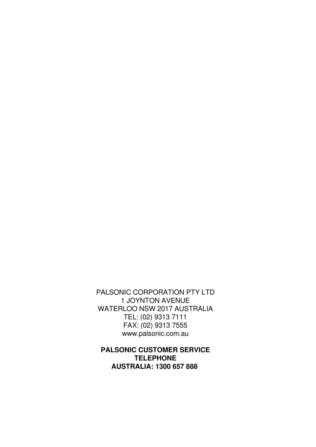 Palsonic PMC-191 instruction manual WATERLOO NSW 2017 AUSTRALIA TEL, Palsonic Customer Service Telephone, Australia 