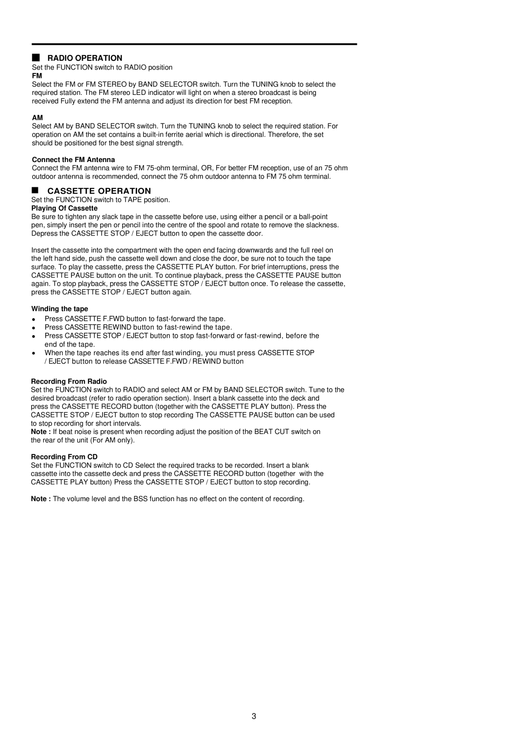 Palsonic PMC-211 instruction manual Radio Operation, Cassette Operation 