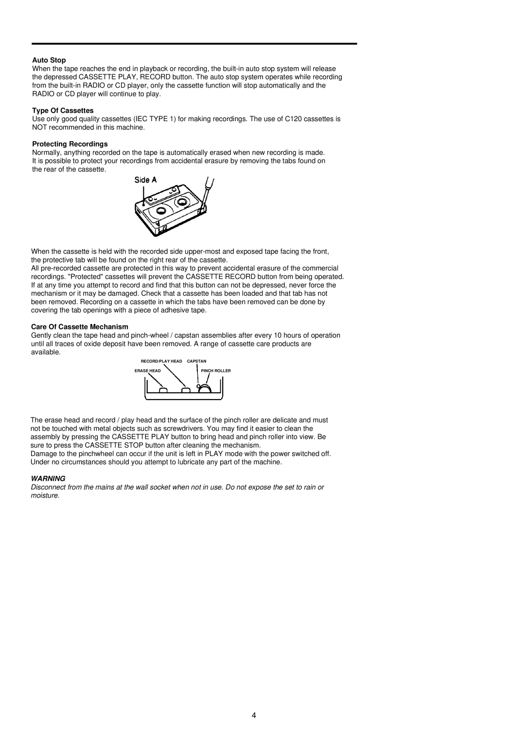 Palsonic PMC-211 instruction manual Auto Stop, Type Of Cassettes, Protecting Recordings, Care Of Cassette Mechanism 