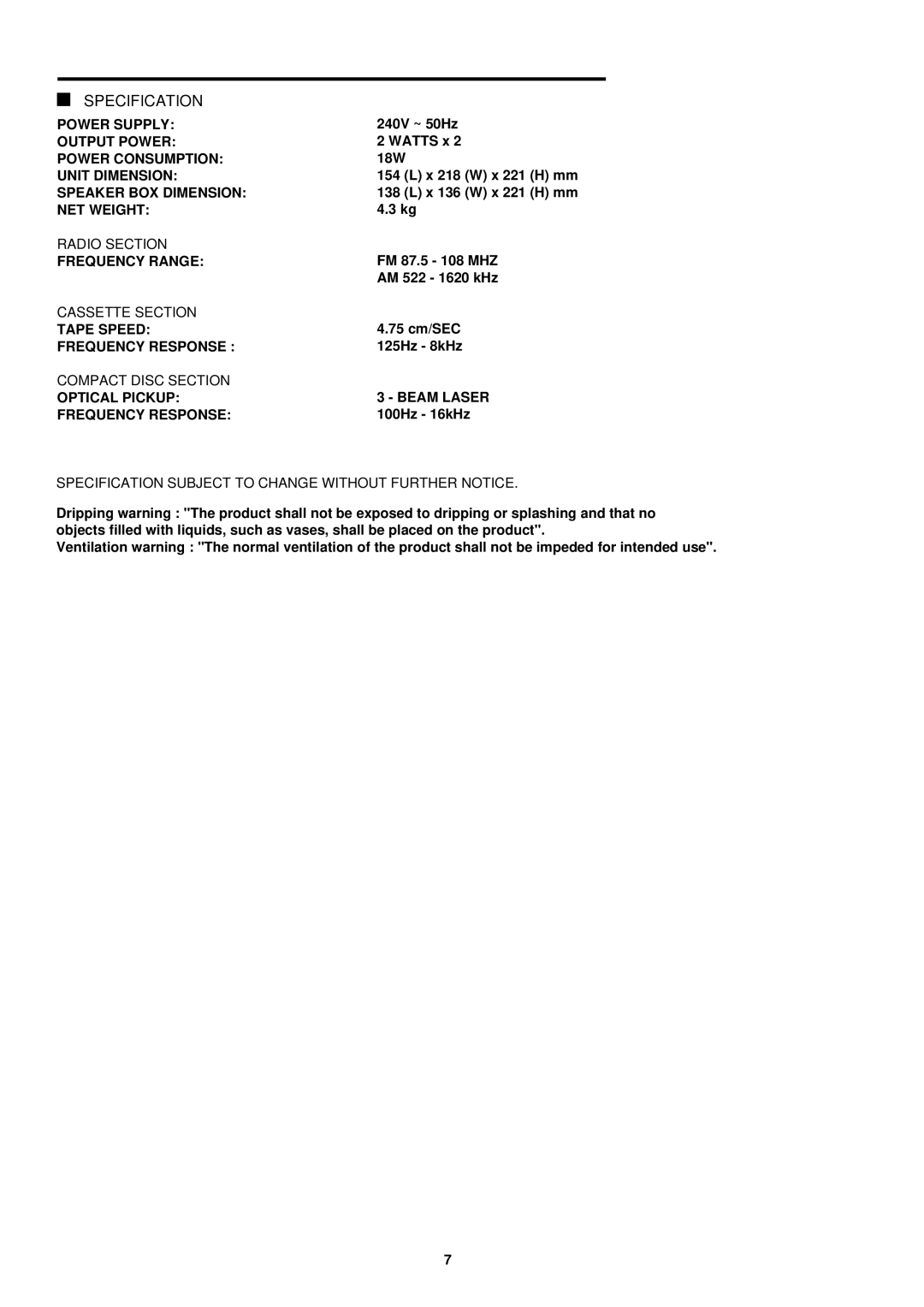 Palsonic PMC-211 instruction manual Specification, Radio Section, Cassette Section, Compact Disc Section 