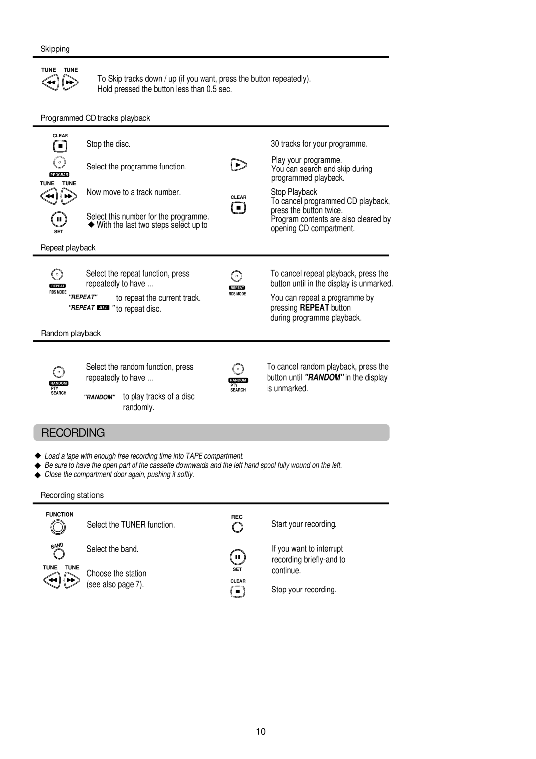 Palsonic PMCL-521 instruction manual Skipping, Programmed CD tracks playback, Repeat playback, Recording stations 