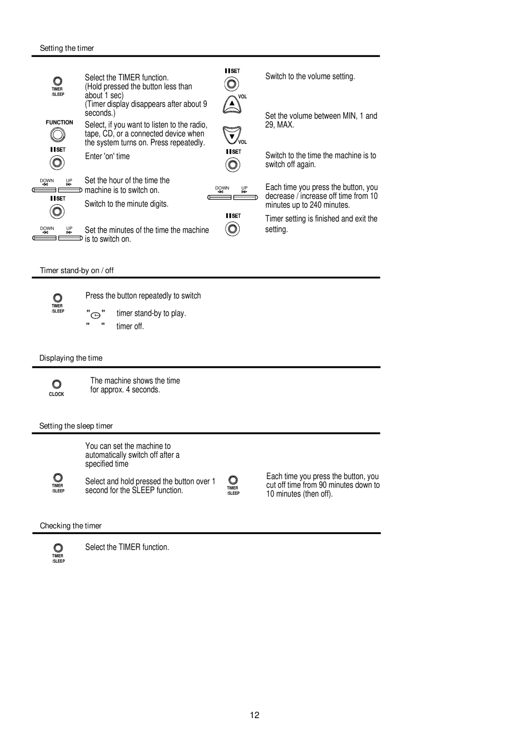 Palsonic PMCL-521 Setting the timer, Timer stand-by on / off, Displaying the time, Setting the sleep timer 