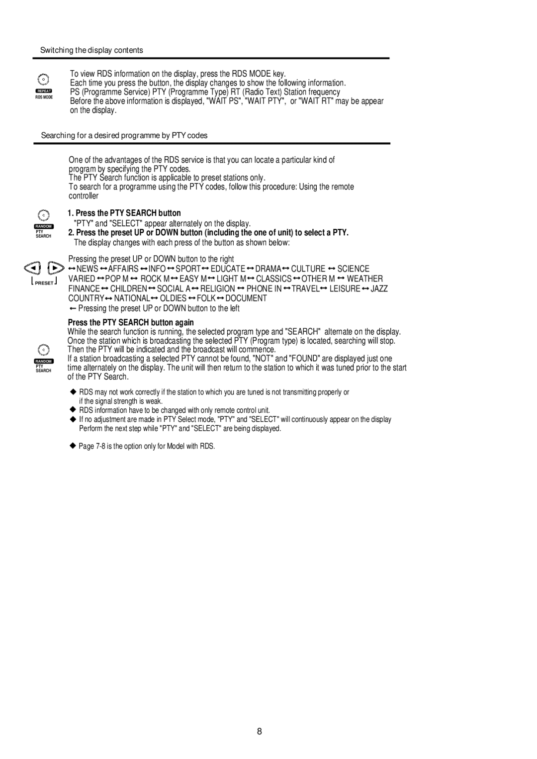 Palsonic PMCL-521 instruction manual Switching the display contents, Searching for a desired programme by PTY codes 