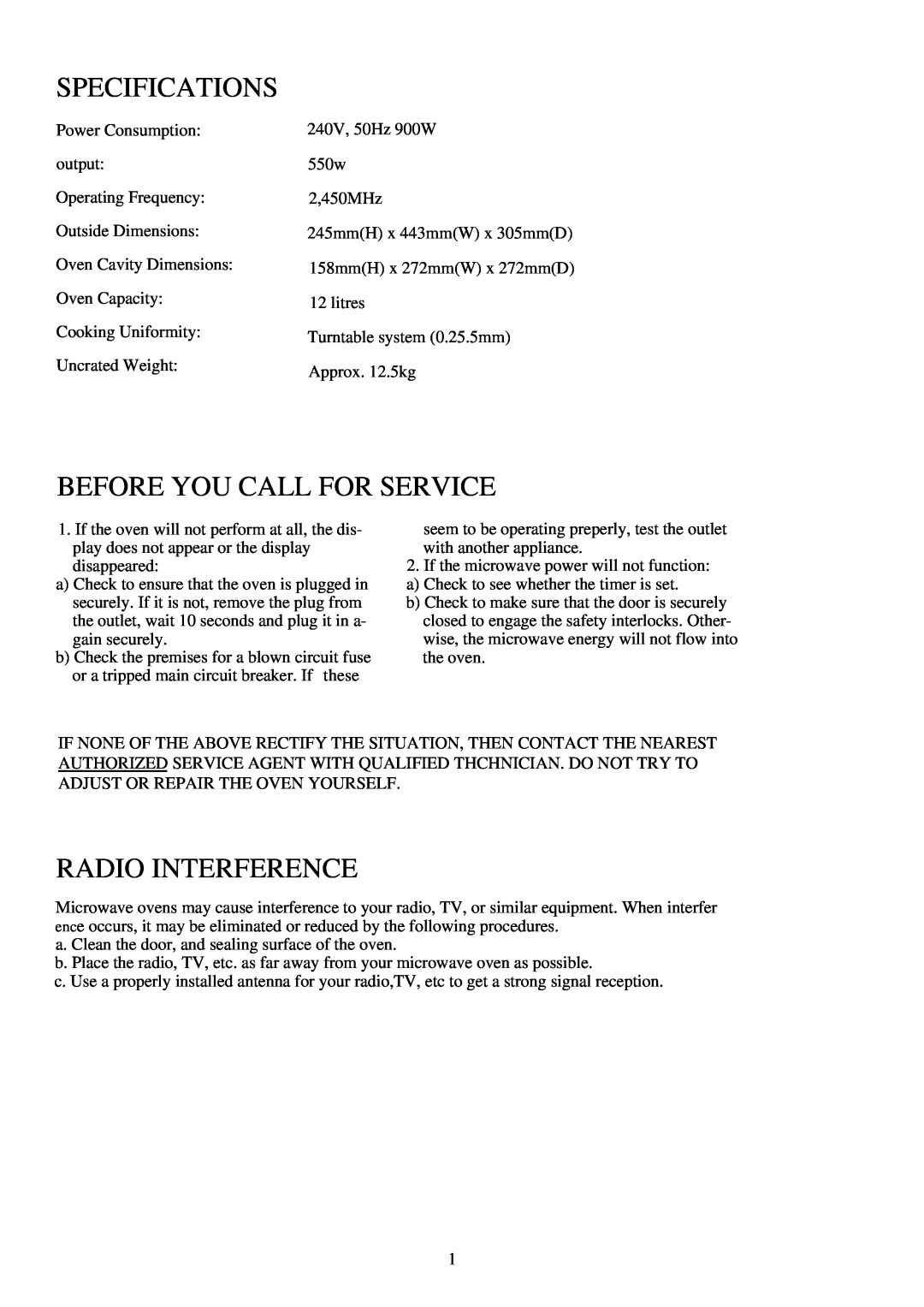 Palsonic PMO-555 owner manual Specifications, Before You Call For Service, Radio Interference 