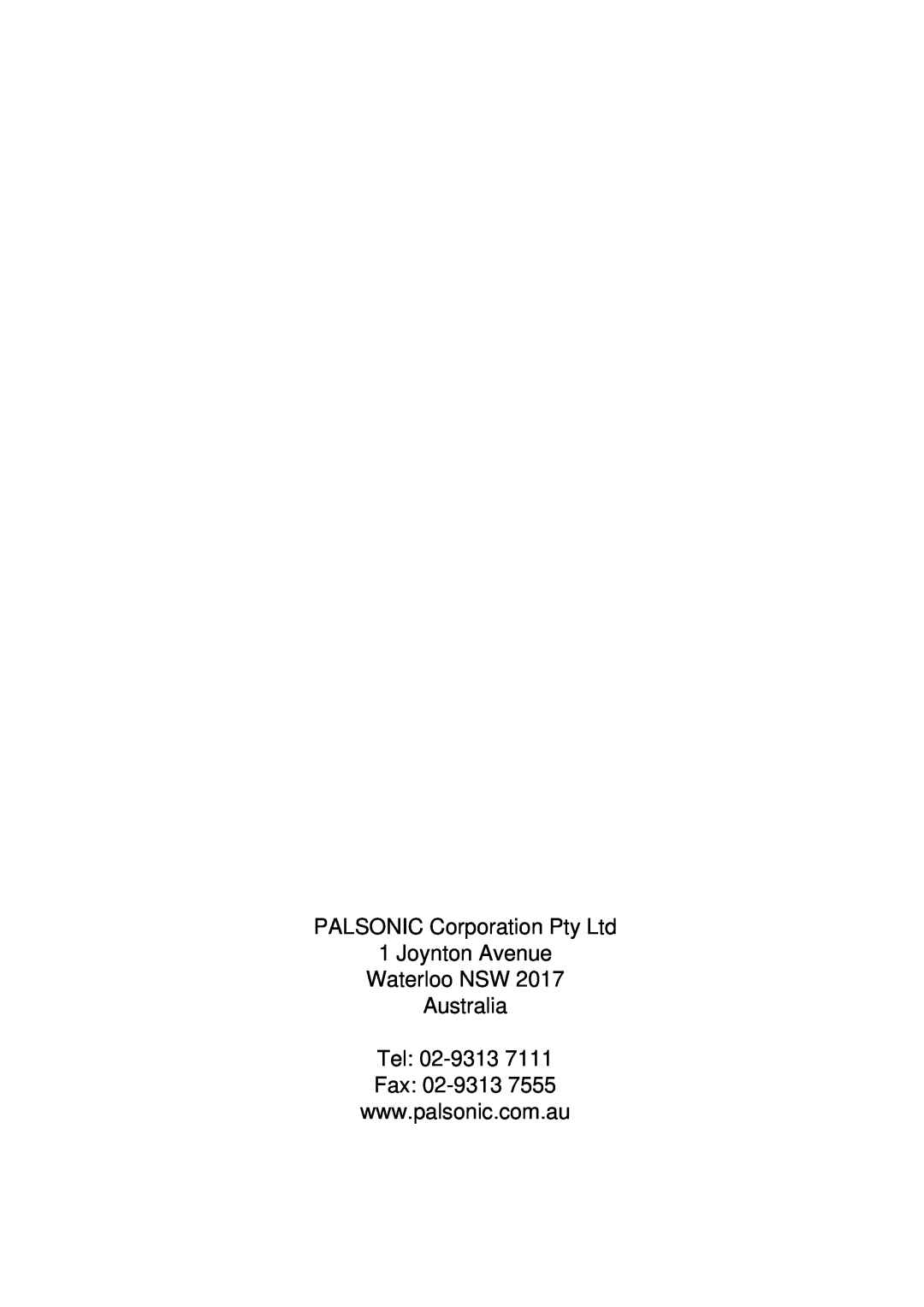 Palsonic PMO-555 owner manual Joynton Avenue Waterloo NSW Australia Tel 02-9313 Fax 