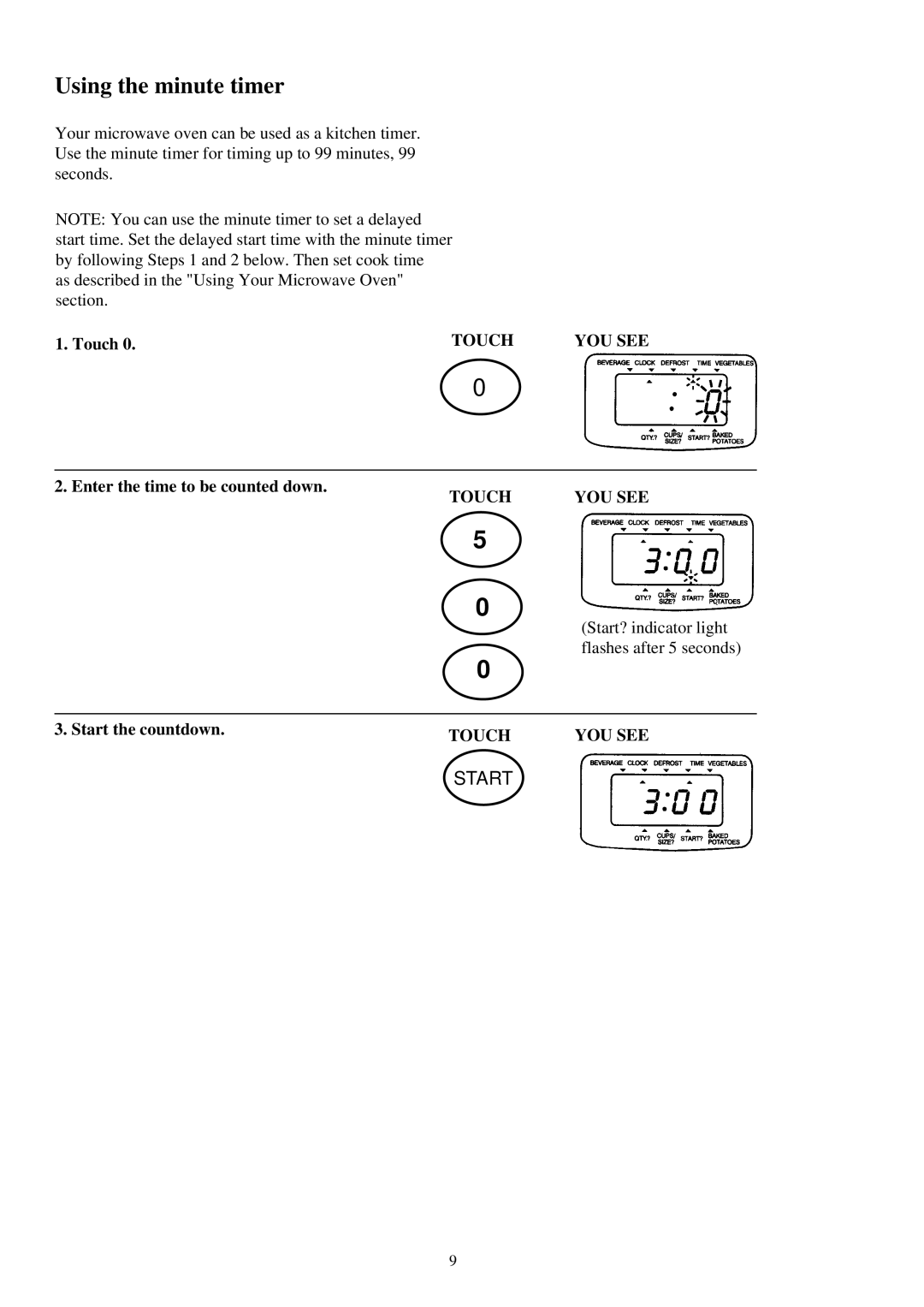 Palsonic PMO-585 manual Using the minute timer, Touch, Enter the time to be counted down, Start the countdown 