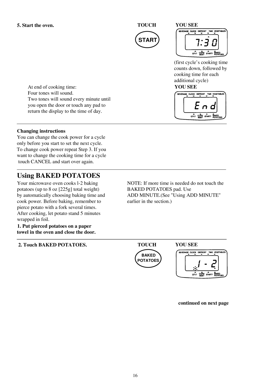 Palsonic PMO-585 manual Using Baked Potatoes, Changing instructions, Touch Baked Potatoes 