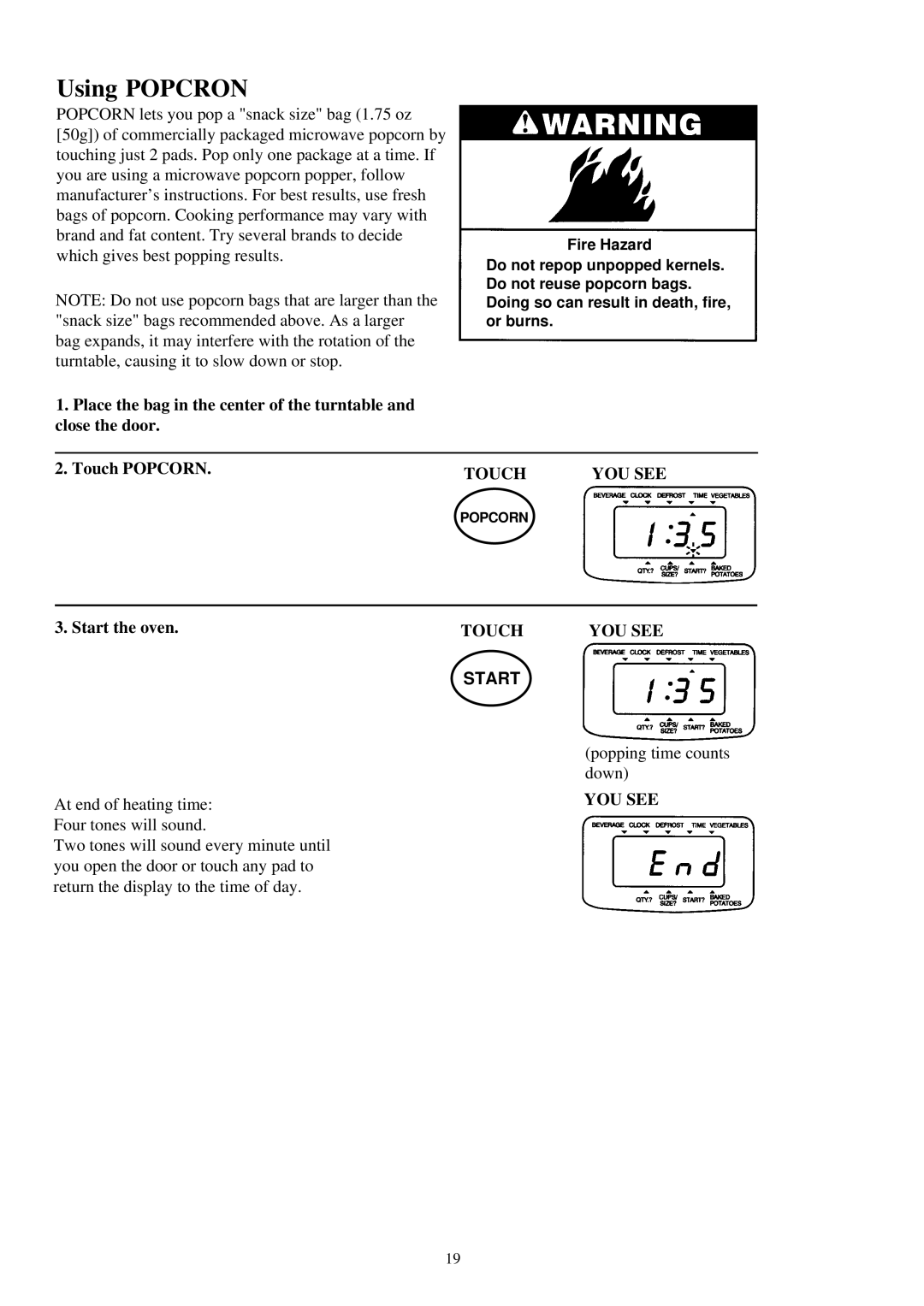 Palsonic PMO-585 manual Using Popcron, Touch Popcorn Start the oven 