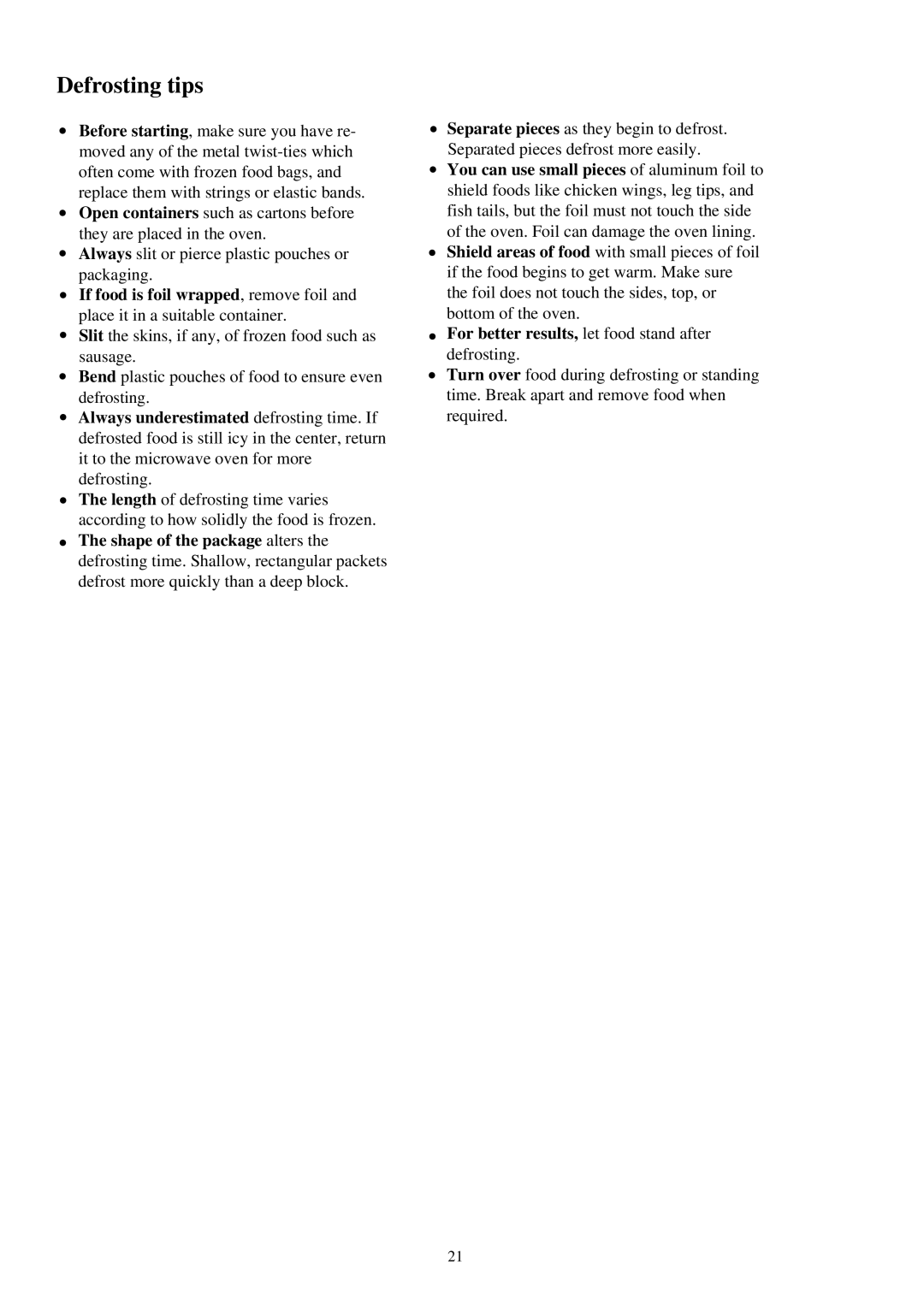 Palsonic PMO-585 manual Defrosting tips 