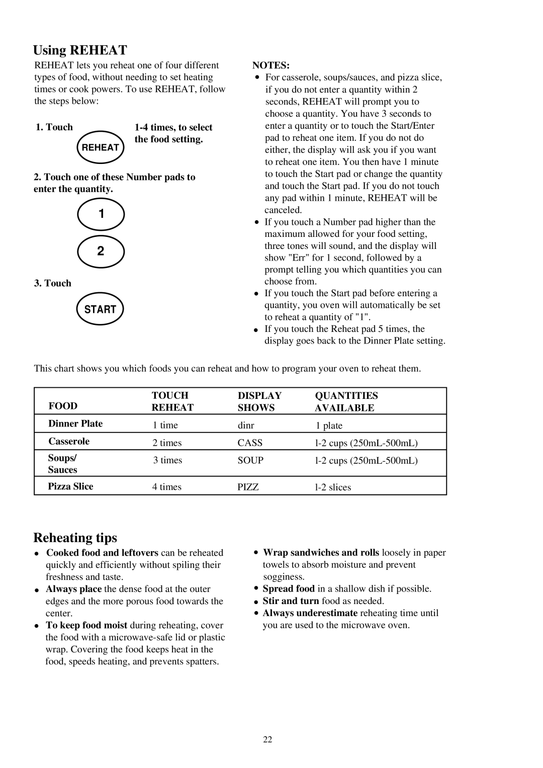 Palsonic PMO-585 manual Using Reheat, Reheating tips, Food Touch Display Quantities Reheat Shows Available 