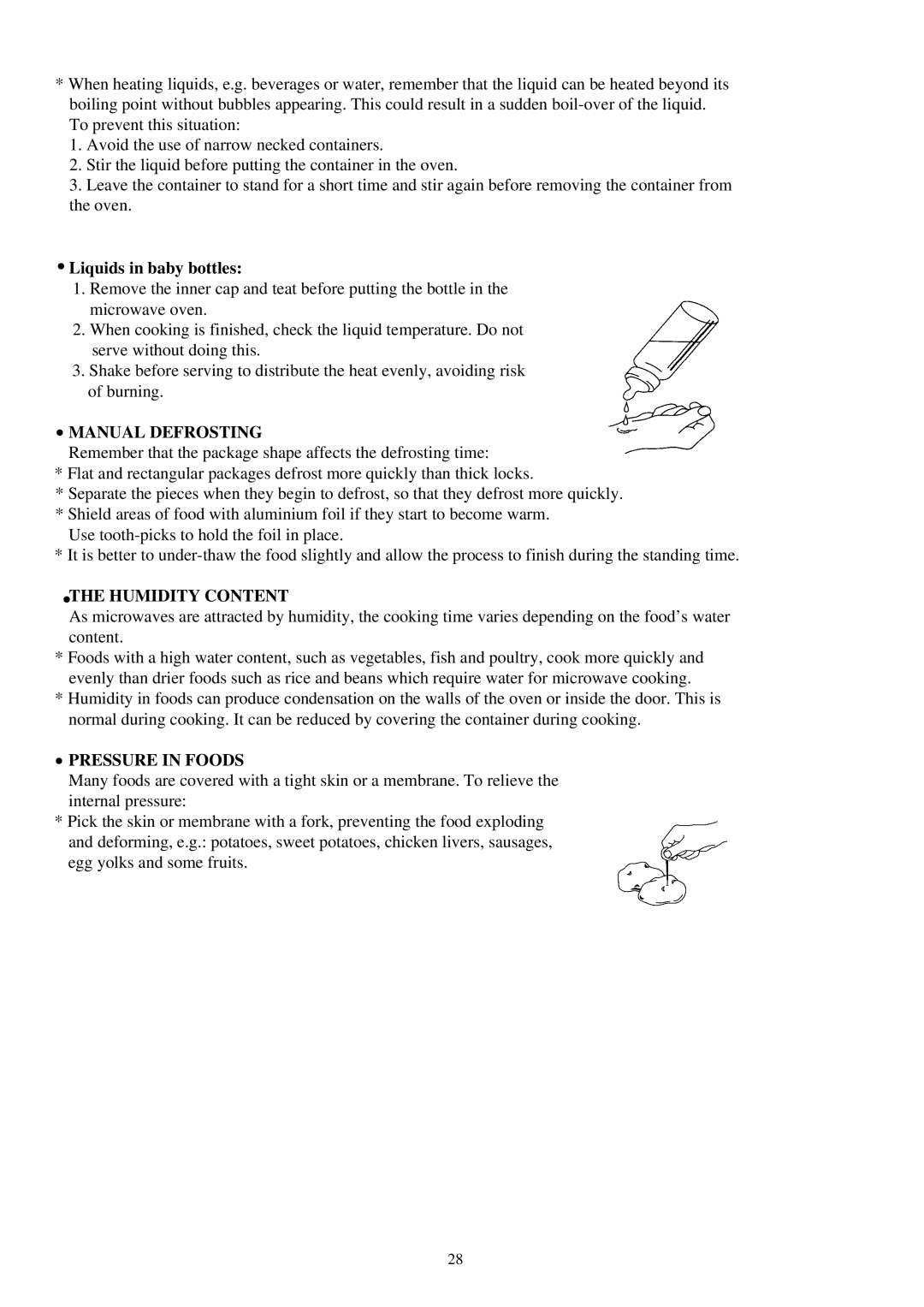 Palsonic PMO-585 manual Liquids in baby bottles, Manual Defrosting, Humidity Content, Pressure in Foods 