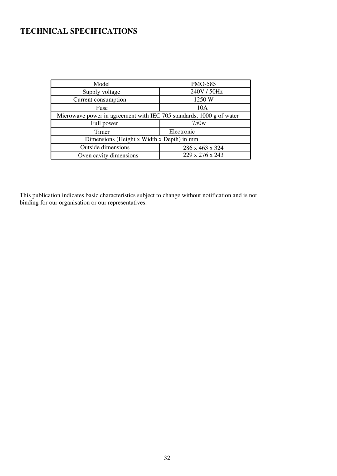 Palsonic PMO-585 manual Technical Specifications 