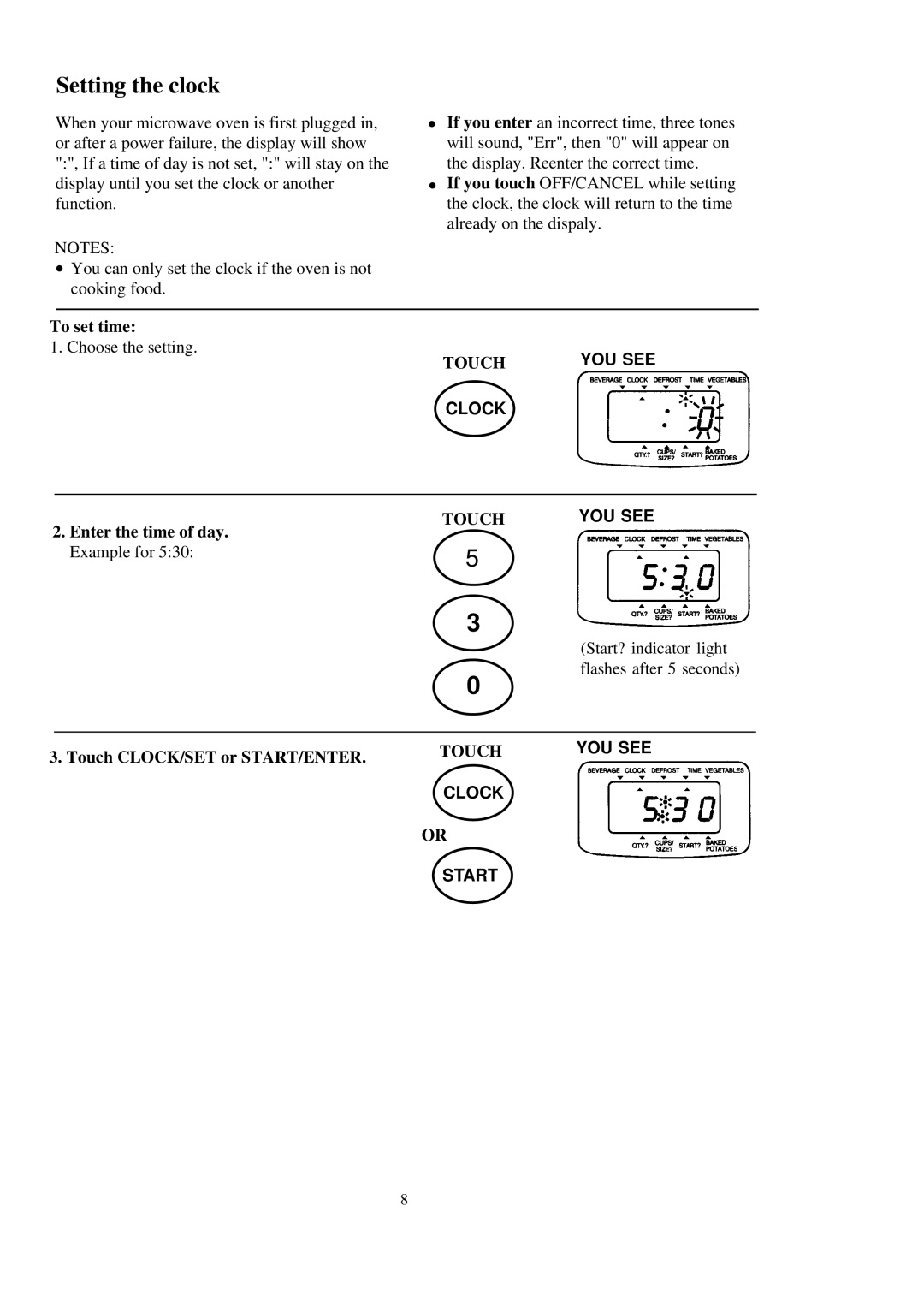 Palsonic PMO-585 manual Setting the clock, To set time, Enter the time of day. Example for, Touch CLOCK/SET or START/ENTER 