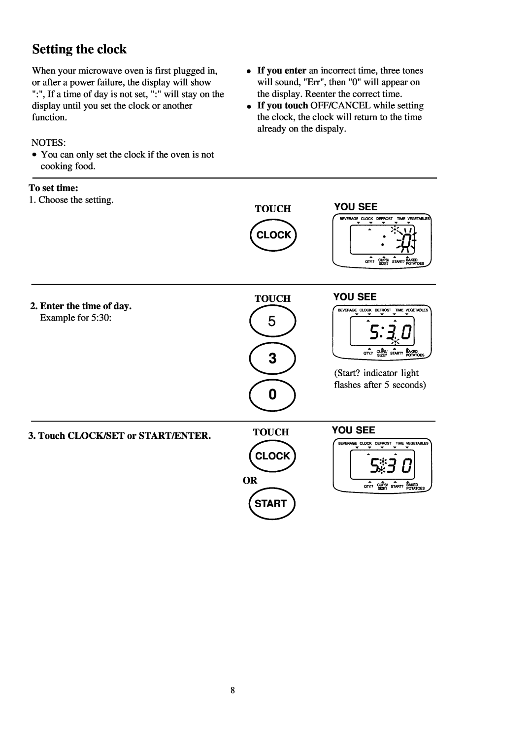 Palsonic PMO-585 manual Setting the clock, To set time, Enter the time of day. Example for, Touch, Clock, Start 