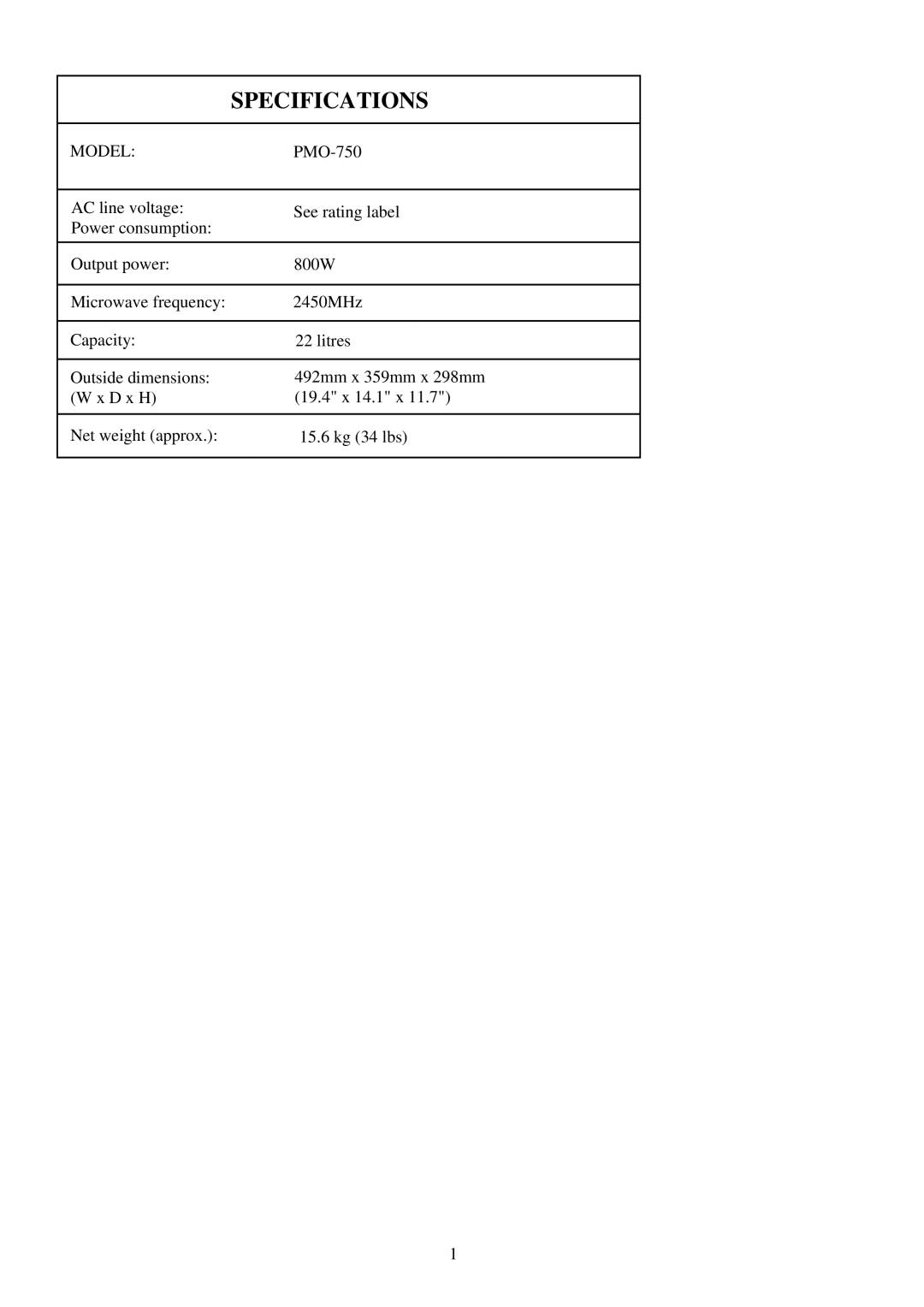 Palsonic PMO-750 manual Specifications, Model 