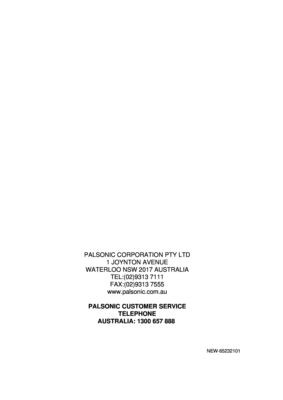 Palsonic PMO-750 WATERLOO NSW 2017 AUSTRALIA TEL, Palsonic Customer Service Telephone, AUSTRALIA: 1300 657, NEW-65232101 