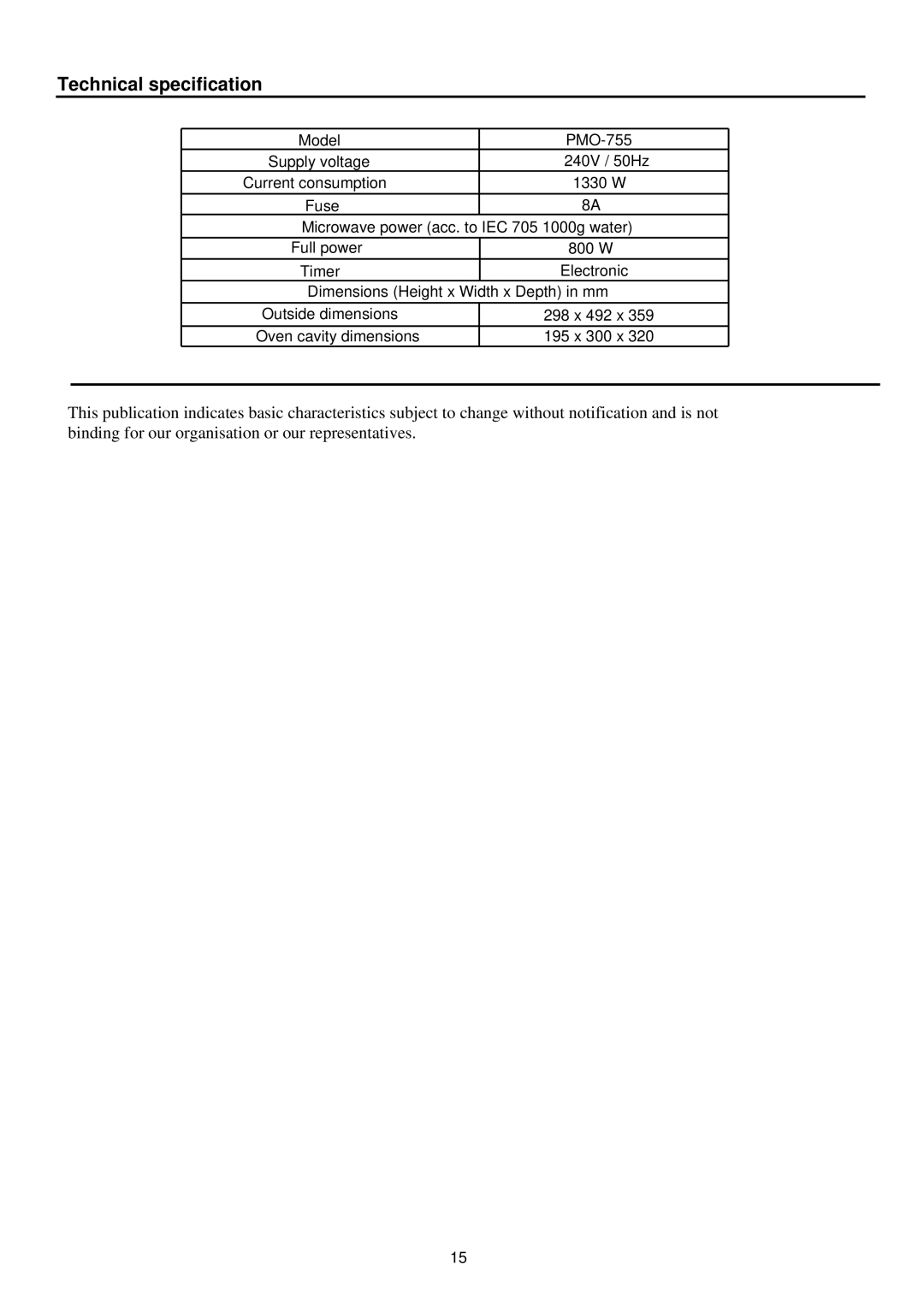 Palsonic PMO-755 manual Technical specification 