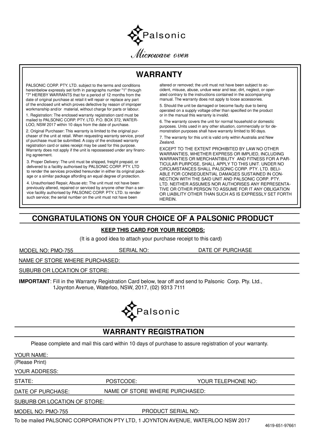 Palsonic PMO-755 manual Palsonic 