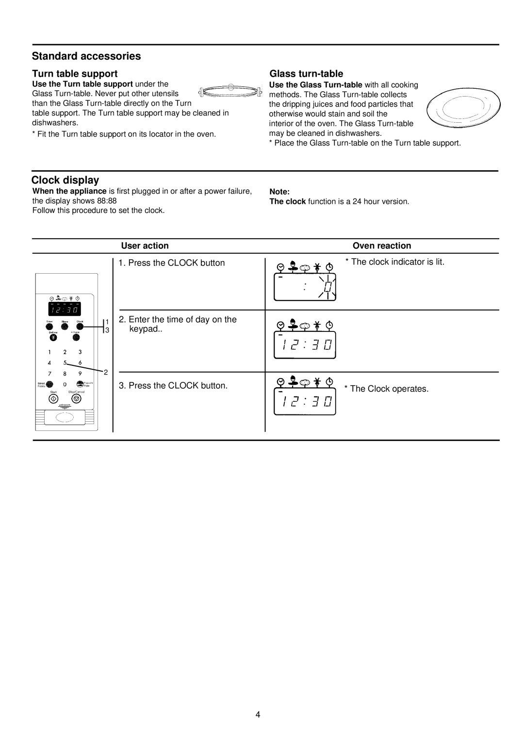 Palsonic PMO-755 manual Standard accessories, Clock display, Turn table support, Glass turn-table 