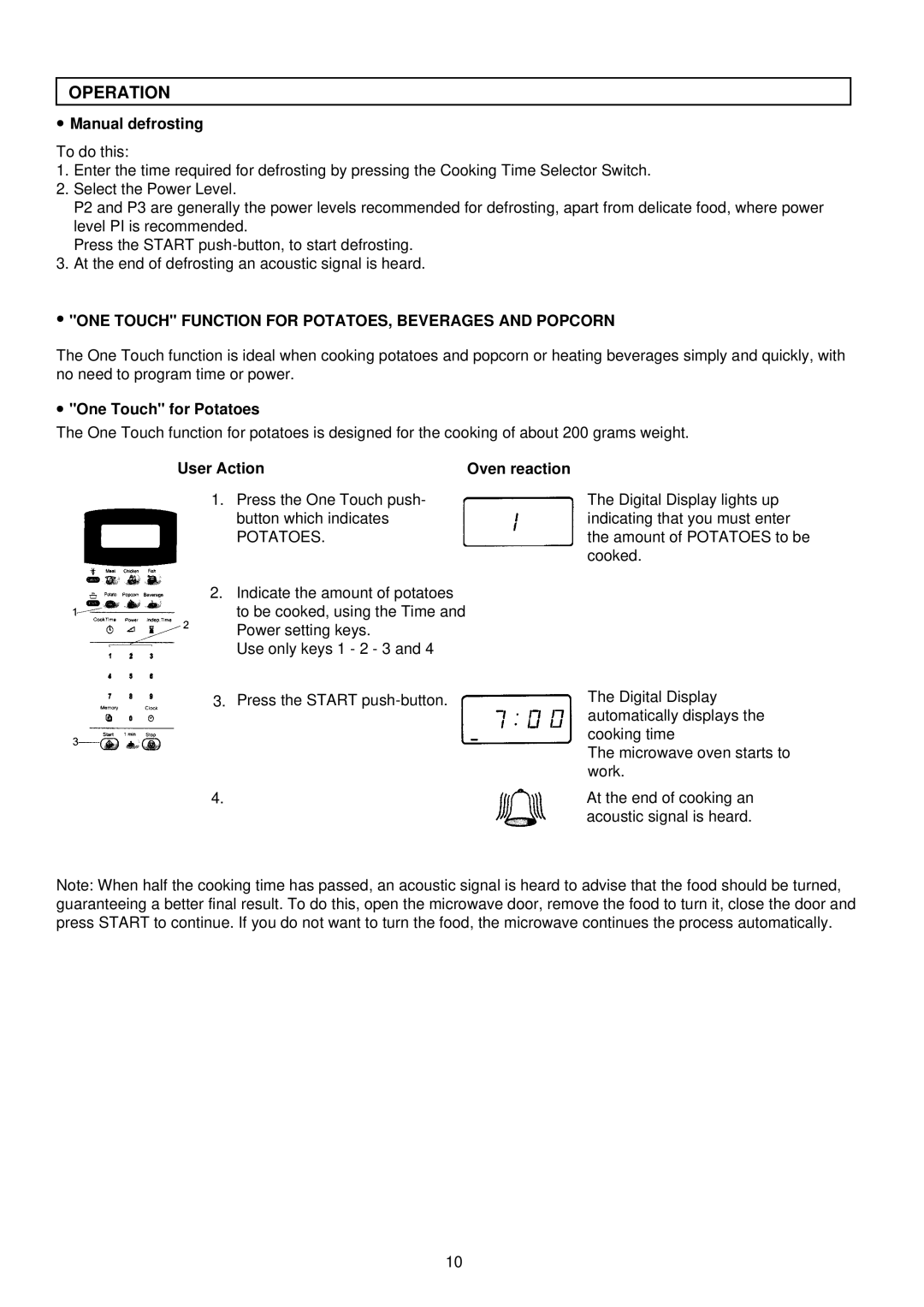 Palsonic PMO-758 manual Manual defrosting, ONE Touch Function for POTATOES, Beverages and Popcorn, One Touch for Potatoes 