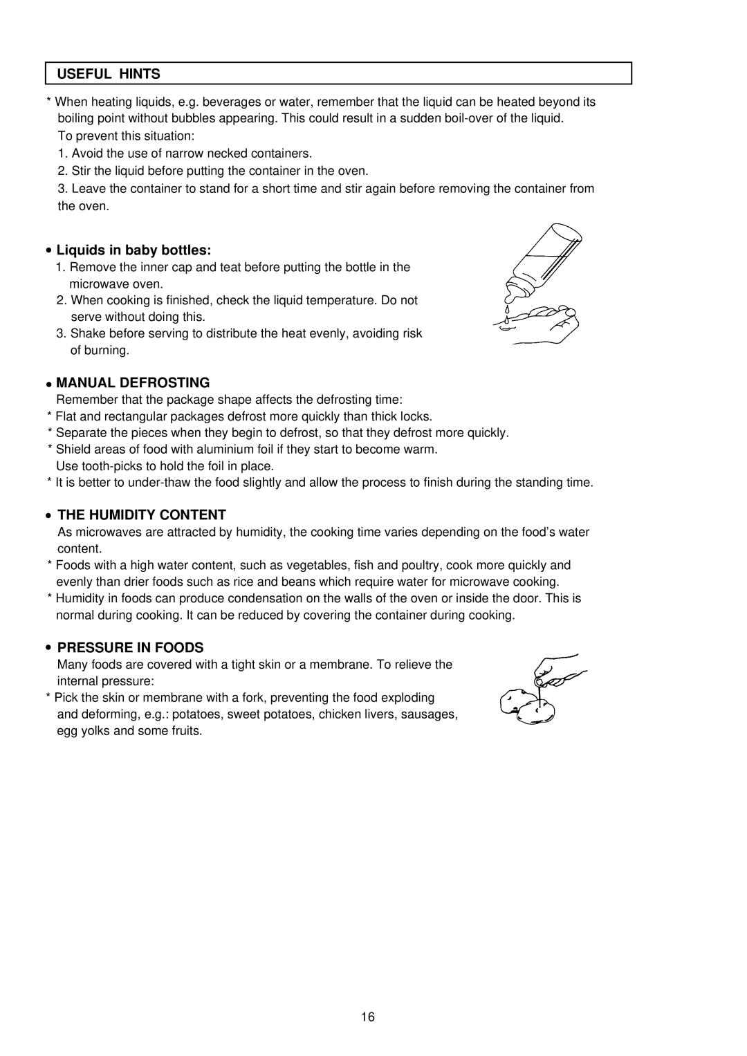 Palsonic PMO-758 manual Liquids in baby bottles, Manual Defrosting, Humidity Content, Pressure in Foods 